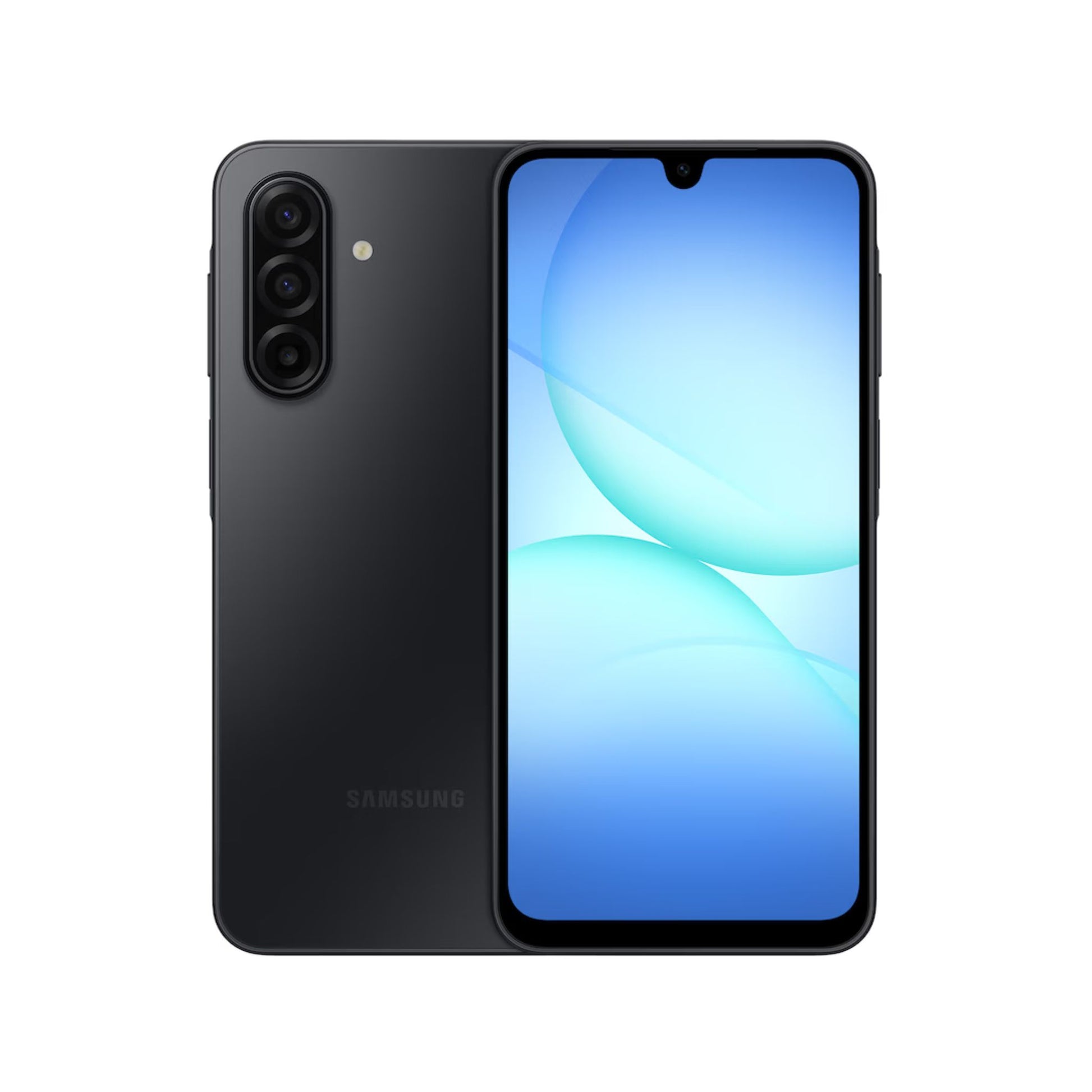 Samsung smartphone showing back and front views on a white background