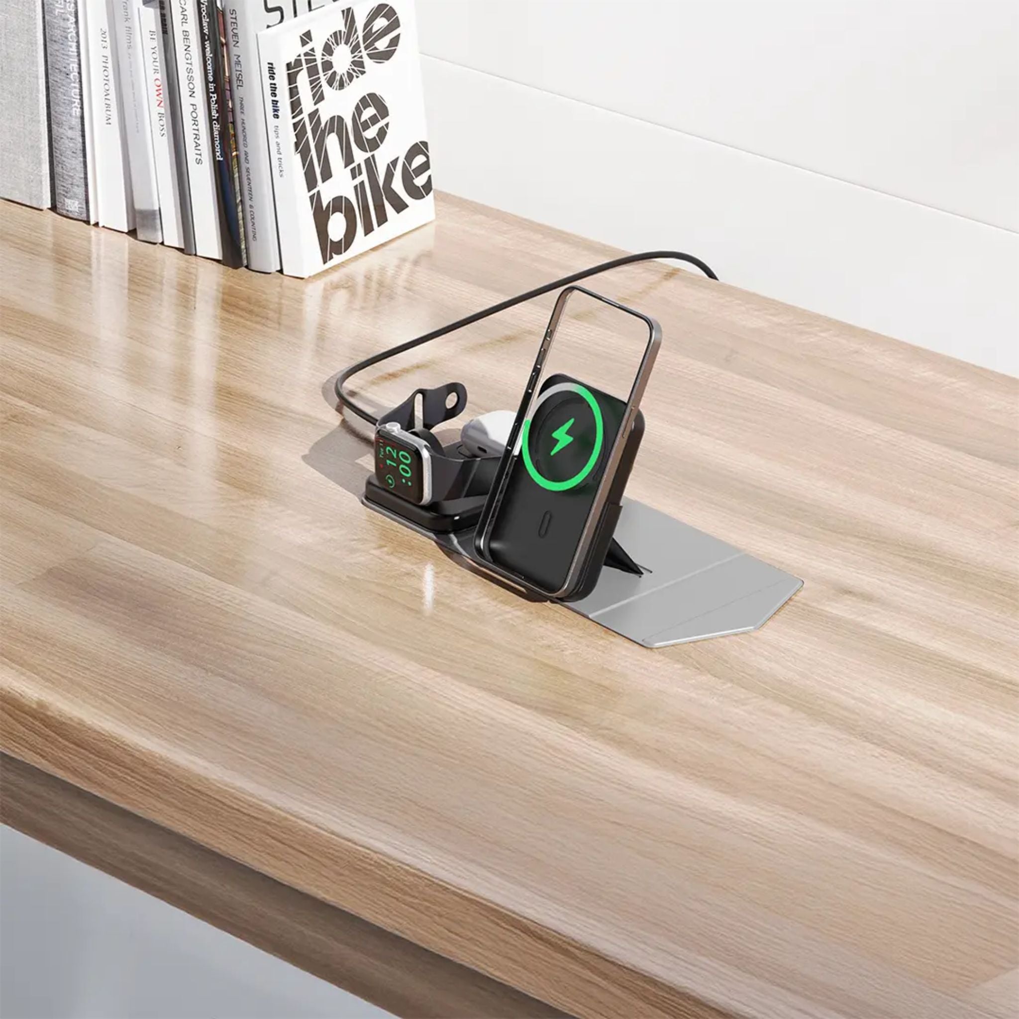 Green Lion Trio Charger Pro 5000mAh Power Bank, PD 20W with 3-in-1 Wireless Charging, Detachable Power Bank, Built-in Kickstand, 27W USB-C Power Input - Gray