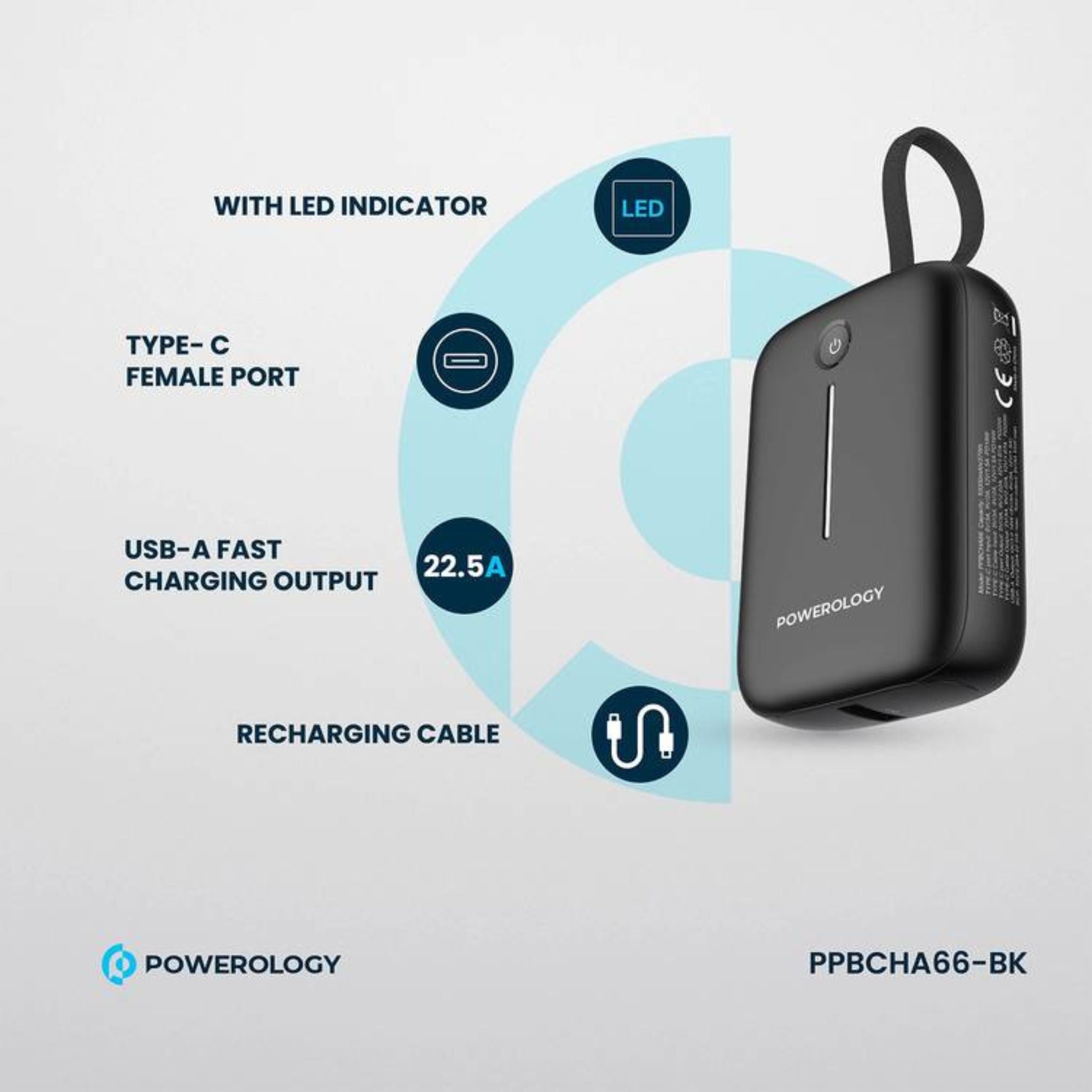 Powerology 10000mAh Power Bank with Detachable USB-C Wire, 20W Power Delivery, 3-Device Charging, Long Time Standby, Universal Phone Compatibility, Built-in Safeguards - Black