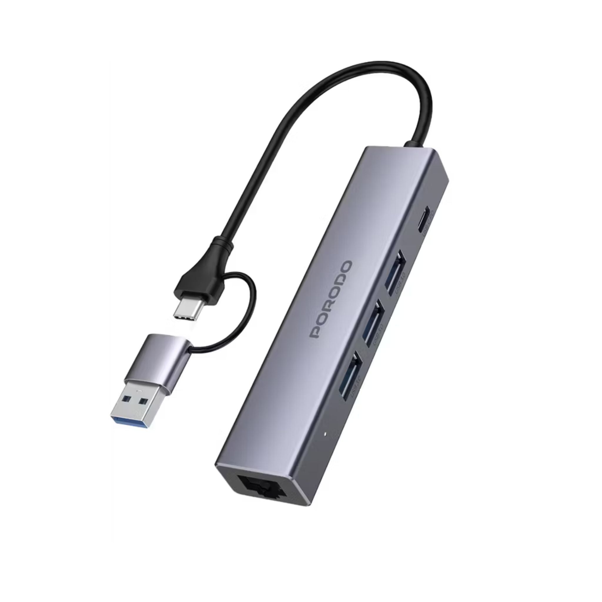 Porodo 5-in-1 Multi-Port Hub with RJ45, USB-C & Triple USB 3.0 Ports, 100W Power Delivery, Aluminum Alloy Housing, Universal Compatibility, Plug & Play Design - Gray