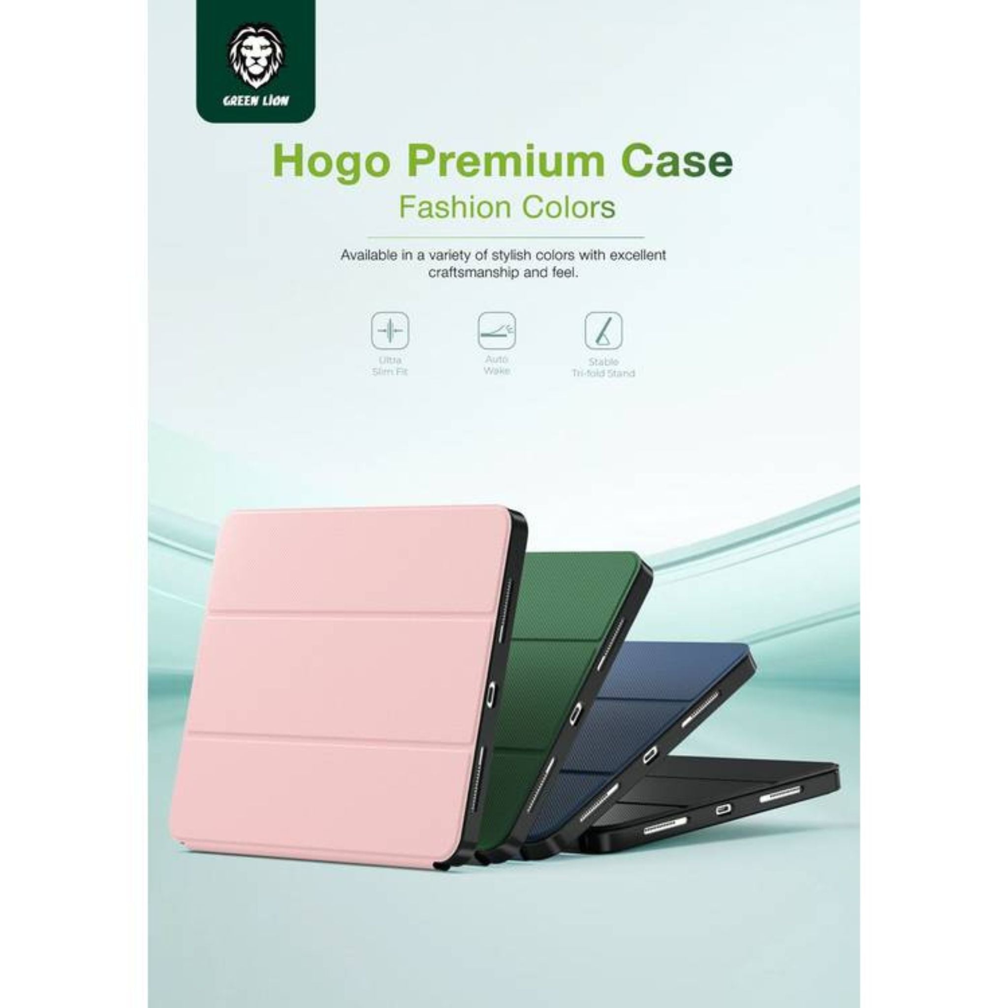 Green Lion Hogo Premium Case with Pencil Holder for iPad Pro 13", Ultra Slim Fit, Stable Tri-Fold Stand, Built-in Pencil Holder, Magnetic Smart Cover, Auto Sleep/Wake - Pink