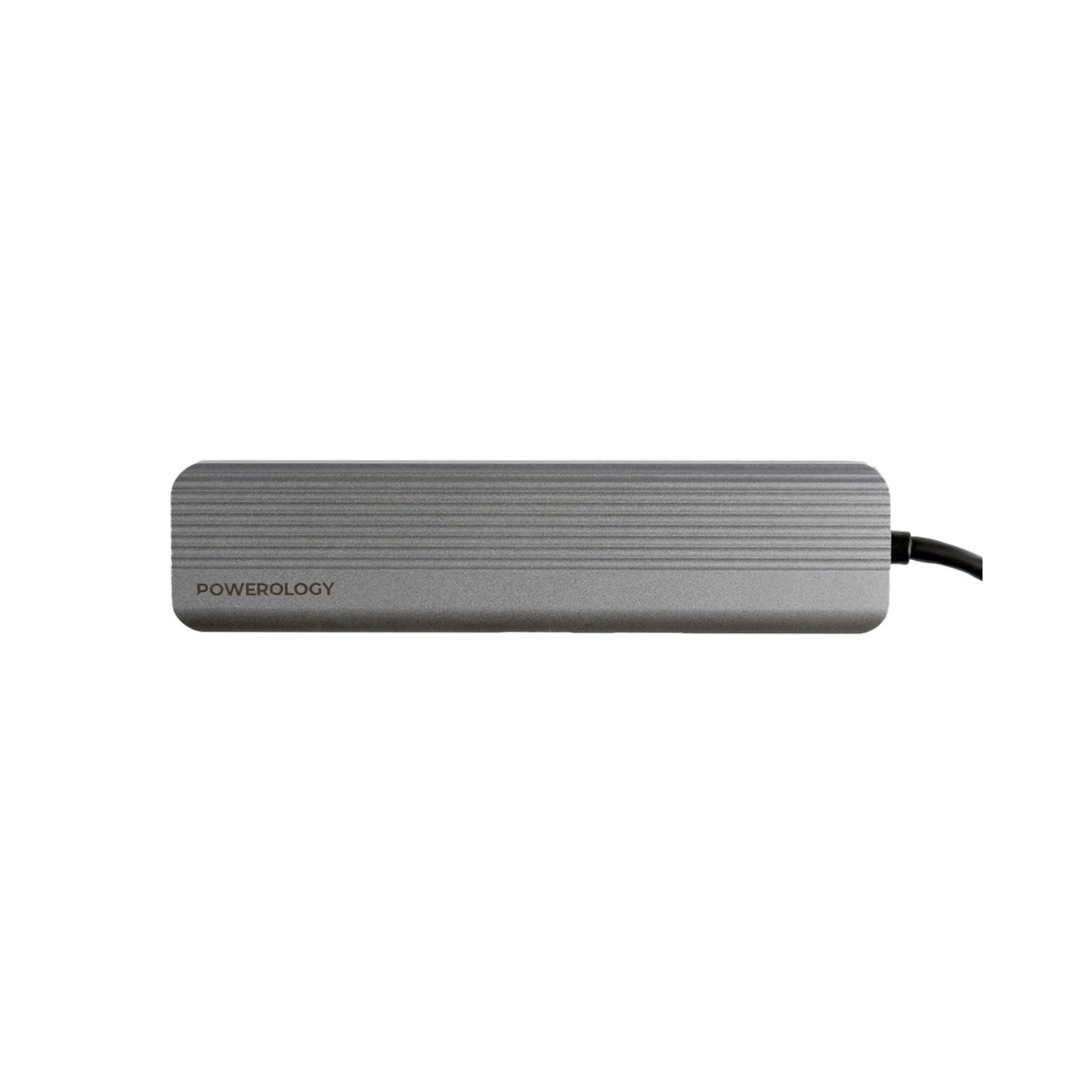 Powerology 6-in-1 Slim USB-C Hub with 4K Ultra HD HDMI, 100W PD, v3.2 10Gbps Super Speed USB-C Data, 2 x v3.2 10Gbps Super Speed USB-C Data, 4K UHD @ 60Hz HDMI, Supports v3.0 MicroSD, Fast Data & Charge - Gray