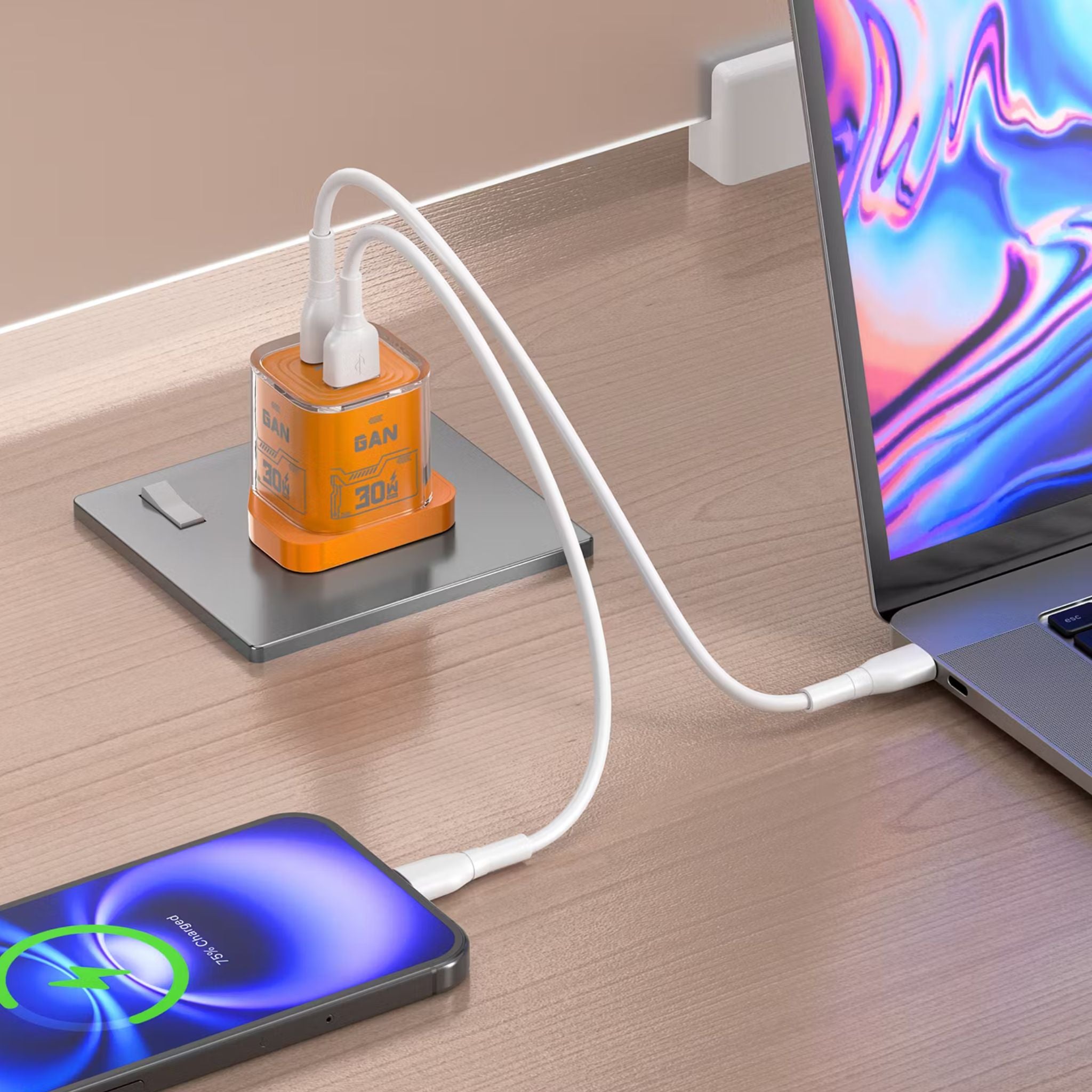Porodo TEZCLARTÉ Quick Wall Charger with Dual Port Fast Charging, Flame Retardant Housing, Transparent Design, PD 30W USB-C Output, QC 20W USB-A Output - Orange