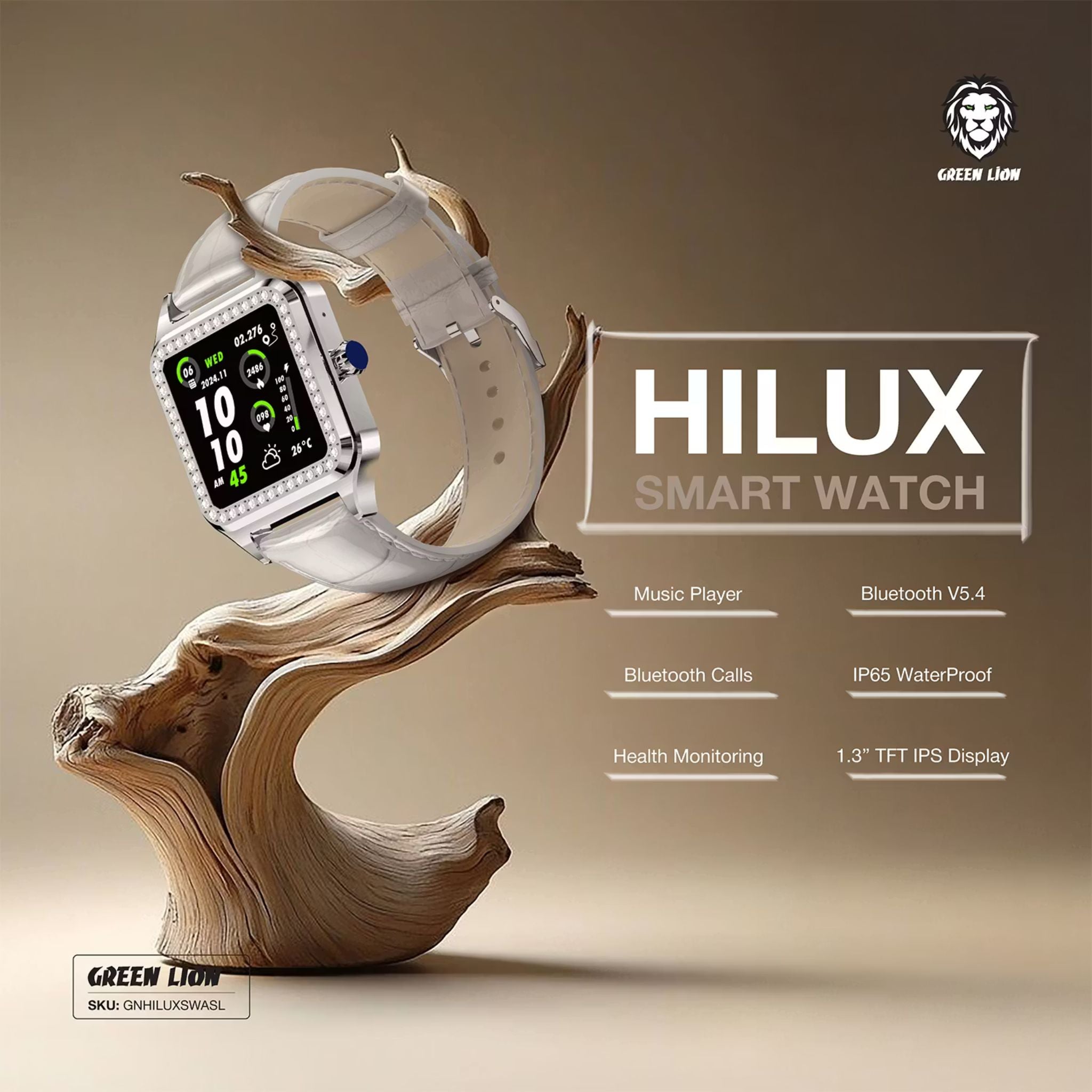 Green Lion Hilux Smart Watch with Extra Strap, 1.3" TFT IPS Display, 2-4 Days Working Time, 450nits Brightness, Sport Modes & Activity Tracking, Health Monitoring, 150mAh Battery, Bluetooth Version 5.4 - Silver