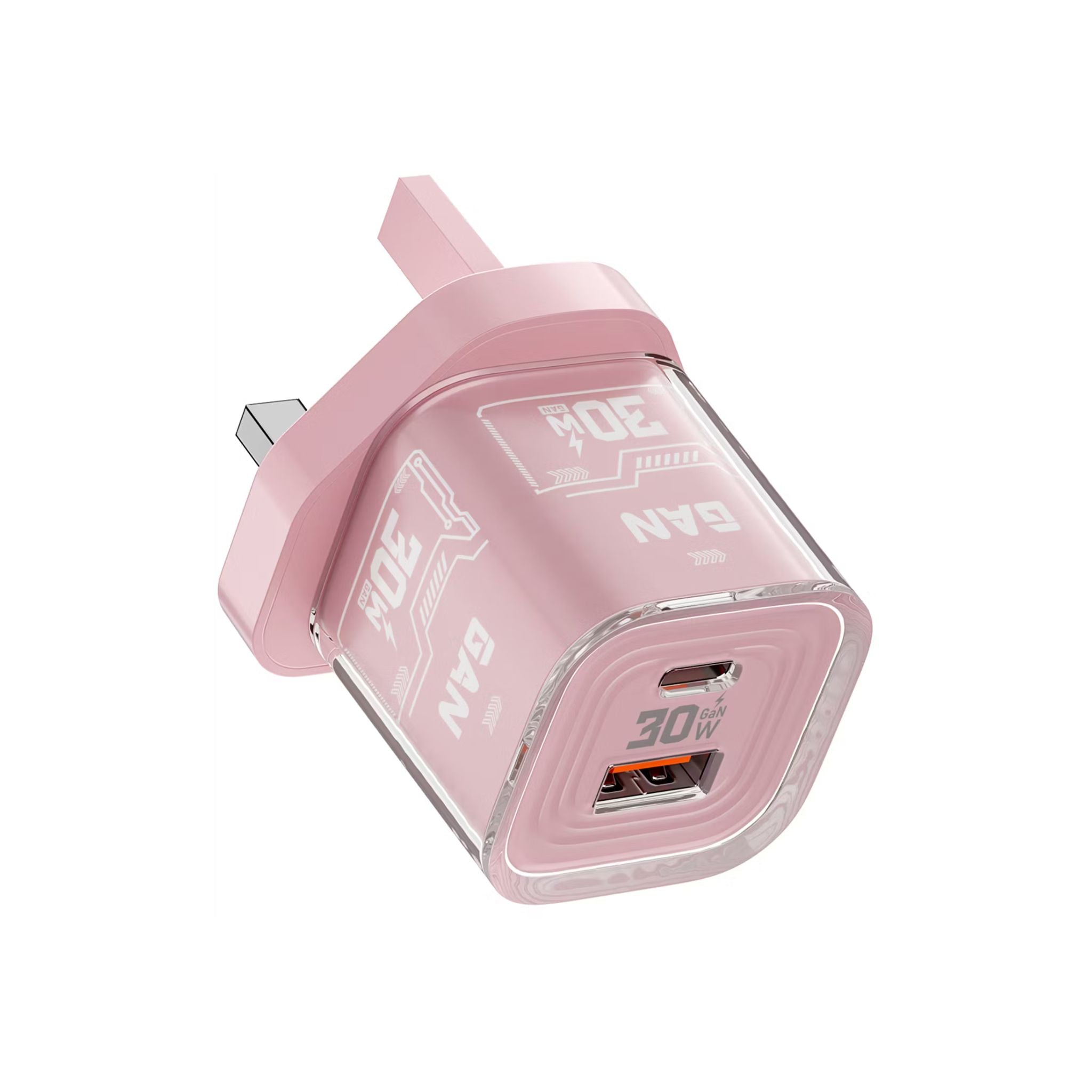 Porodo TEZCLARTÉ Quick Wall Charger with Dual Port Fast Charging, Flame Retardant Housing, Transparent Design, PD 30W USB-C Output, QC 20W USB-A Output - Pink