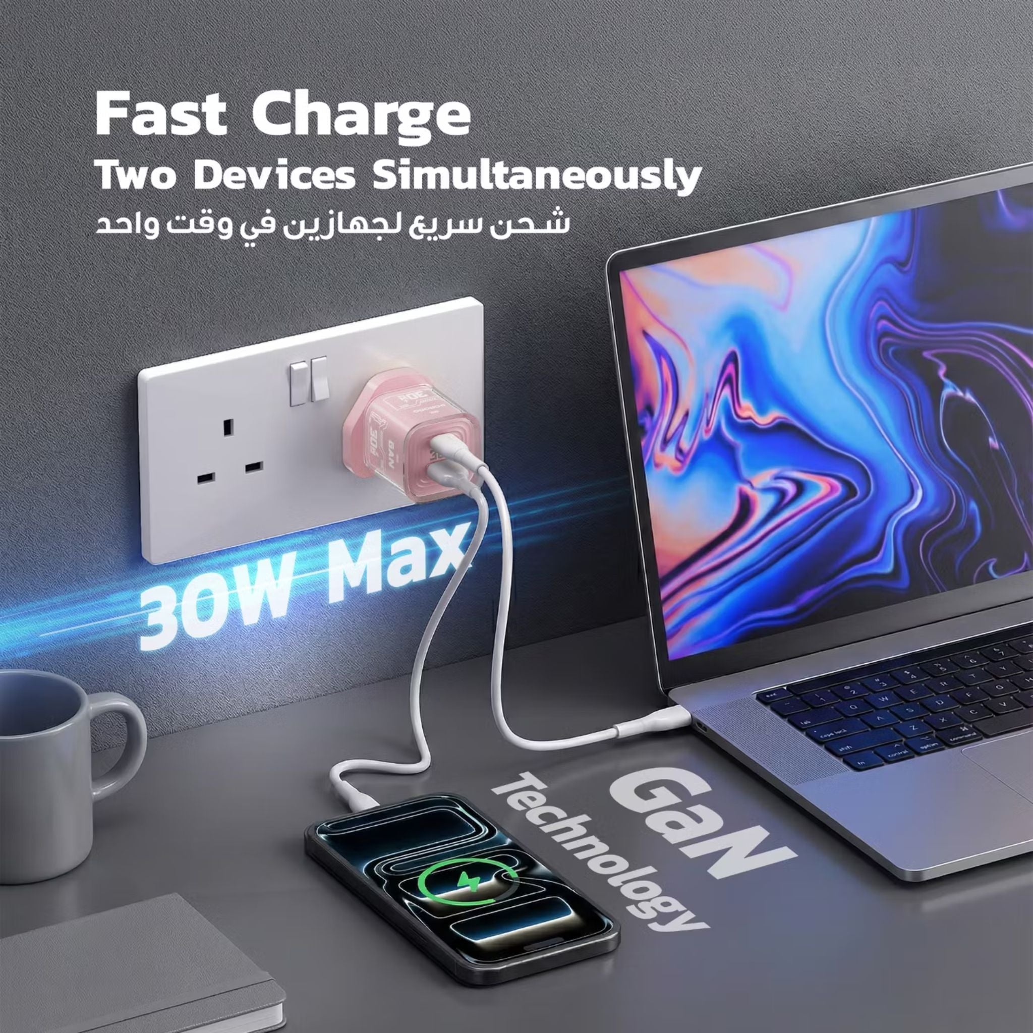 Porodo TEZCLARTÉ Quick Wall Charger with Dual Port Fast Charging, Flame Retardant Housing, Transparent Design, PD 30W USB-C Output, QC 20W USB-A Output - Pink