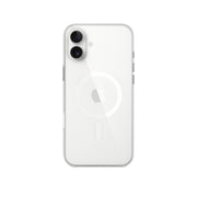 An Apple iPhone 16 Plus clear case with MagSafe technology, showcasing the back side of the phone with the camera and Apple logo visible.