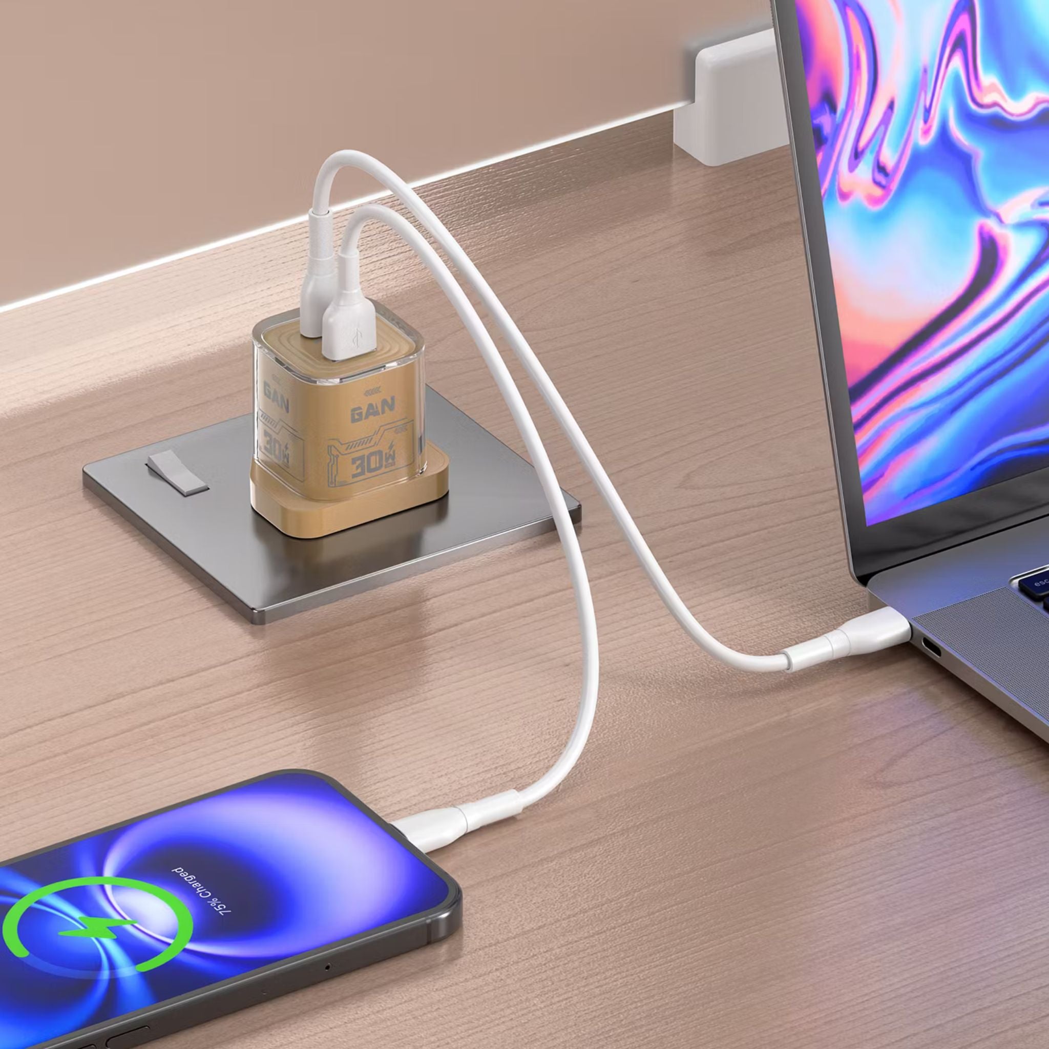 Porodo TEZCLARTÉ Quick Wall Charger with Dual Port Fast Charging, Flame Retardant Housing, Transparent Design, PD 30W USB-C Output, QC 20W USB-A Output - Khaki