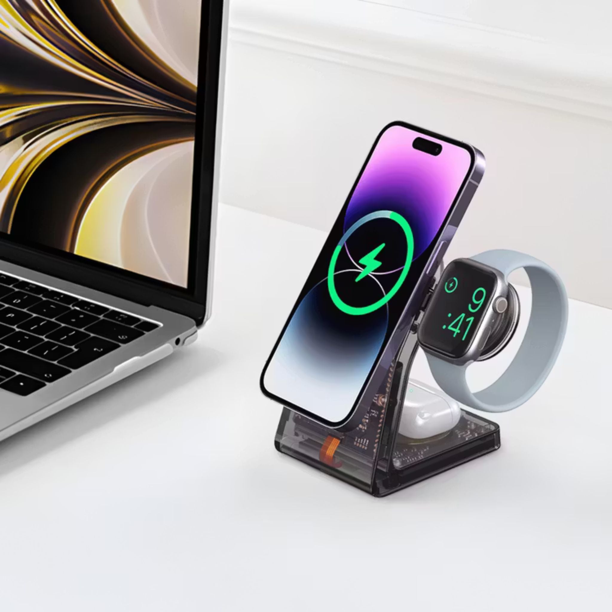 Porodo 15W All- in-One Transparent Glass Lenses Multifunctional Magnetic Wireless Cha rging Station with USB-C Watch Charger - Black