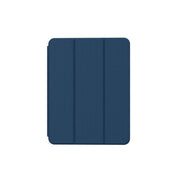 A blue-colored folio case for the 11-inch iPad Air with a built-in pencil holder and a tri-fold stand.