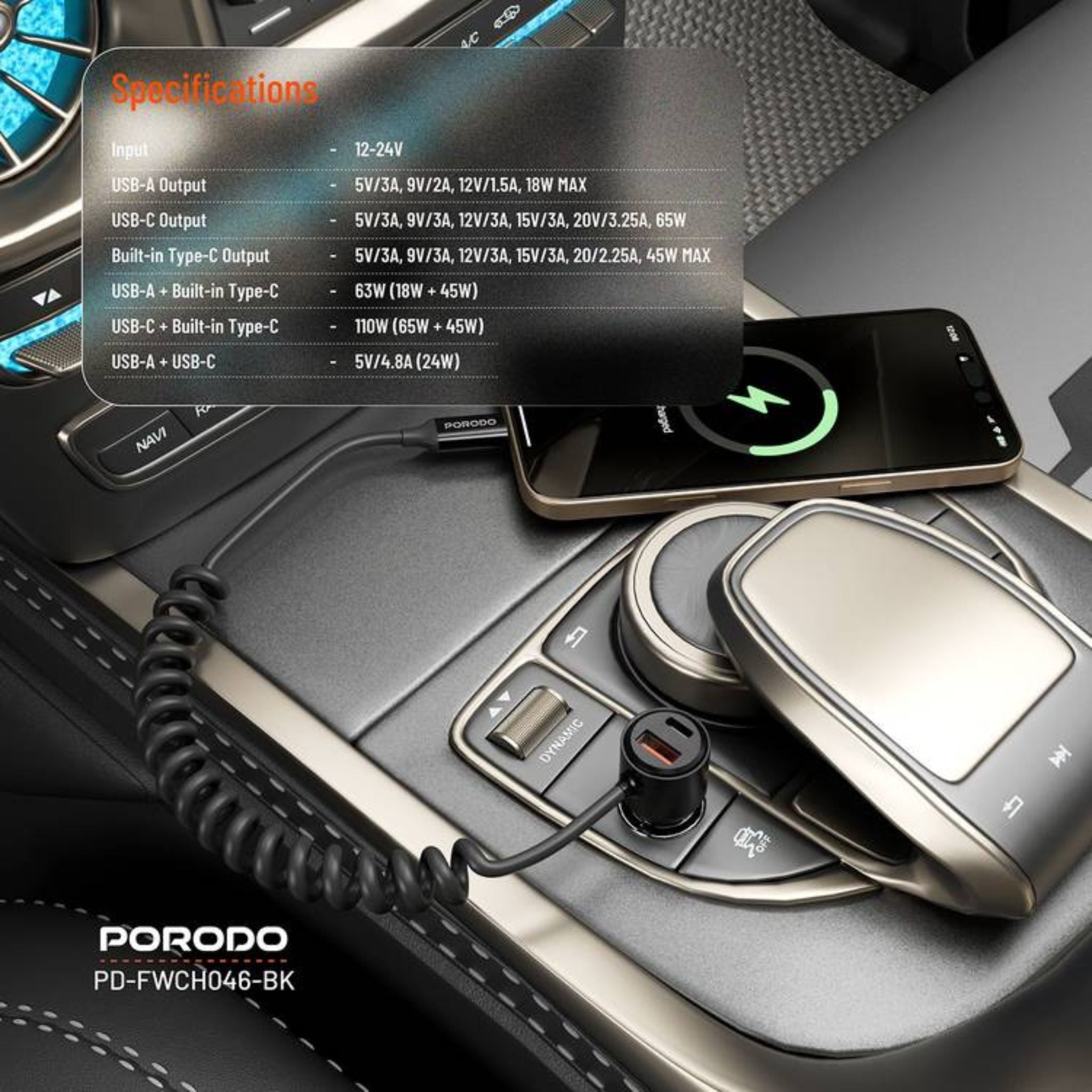 Porodo 110W Car Charger, USB-A+C Ports, 12-24V Input, 1.5m Spring Coiled Cable, Integrated USB-C Cable - Black