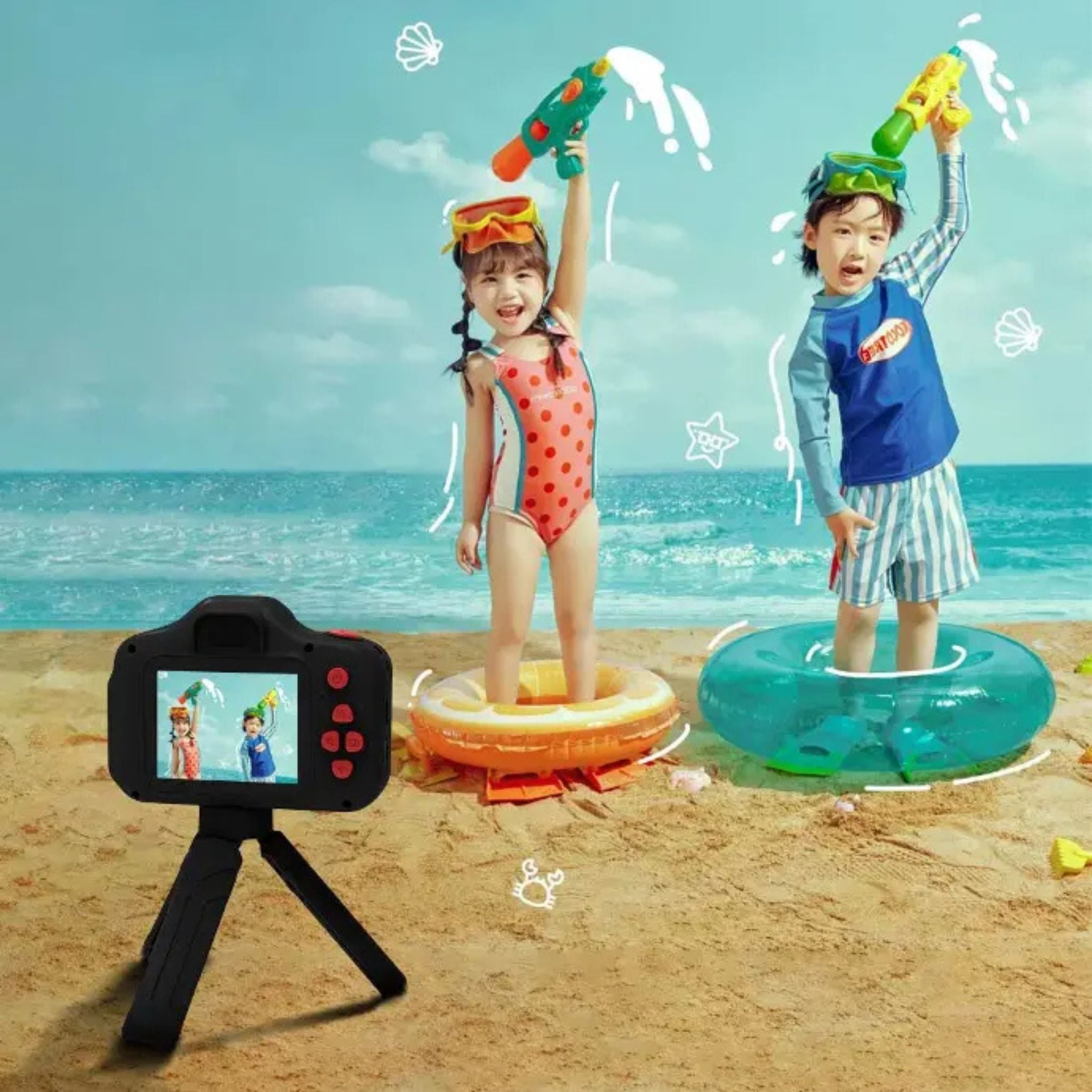 Porodo Lifestyle Kids Focus Camera with Tripod Stand, 320 x 240 Screen Resolution, Up to 5 Hours Working Time, Built-in Games, Photo & Video Filters, Dual Lens Selfie Camera - Black