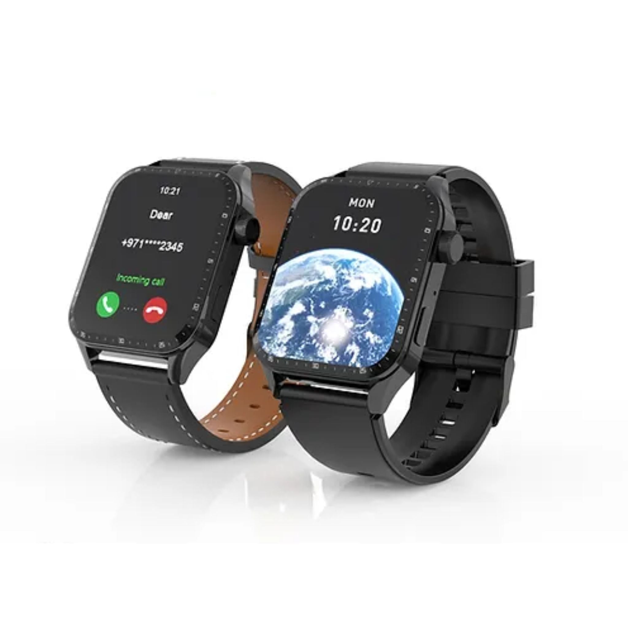 Two Haino Teko Germany S1 smartwatches in black color, one with a call interface on the display and one showing the time. Both have black bands and are displayed against a white background.