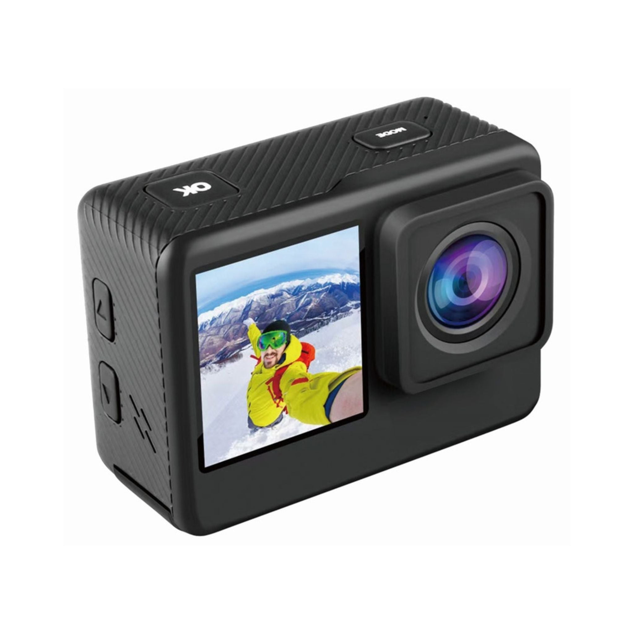 Porodo Lifestyle Dual Display Action Camera, 4K 30fps Video, 16MP Photos, 2.0'' + 1.3'' Dual Screens, Wi-Fi Connectivity, Waterproof Case, Multiple Shooting Modes, 900mAh Battery, Micro-SD up to 64GB, Mount Accessories Included, Windows & Mac – Black