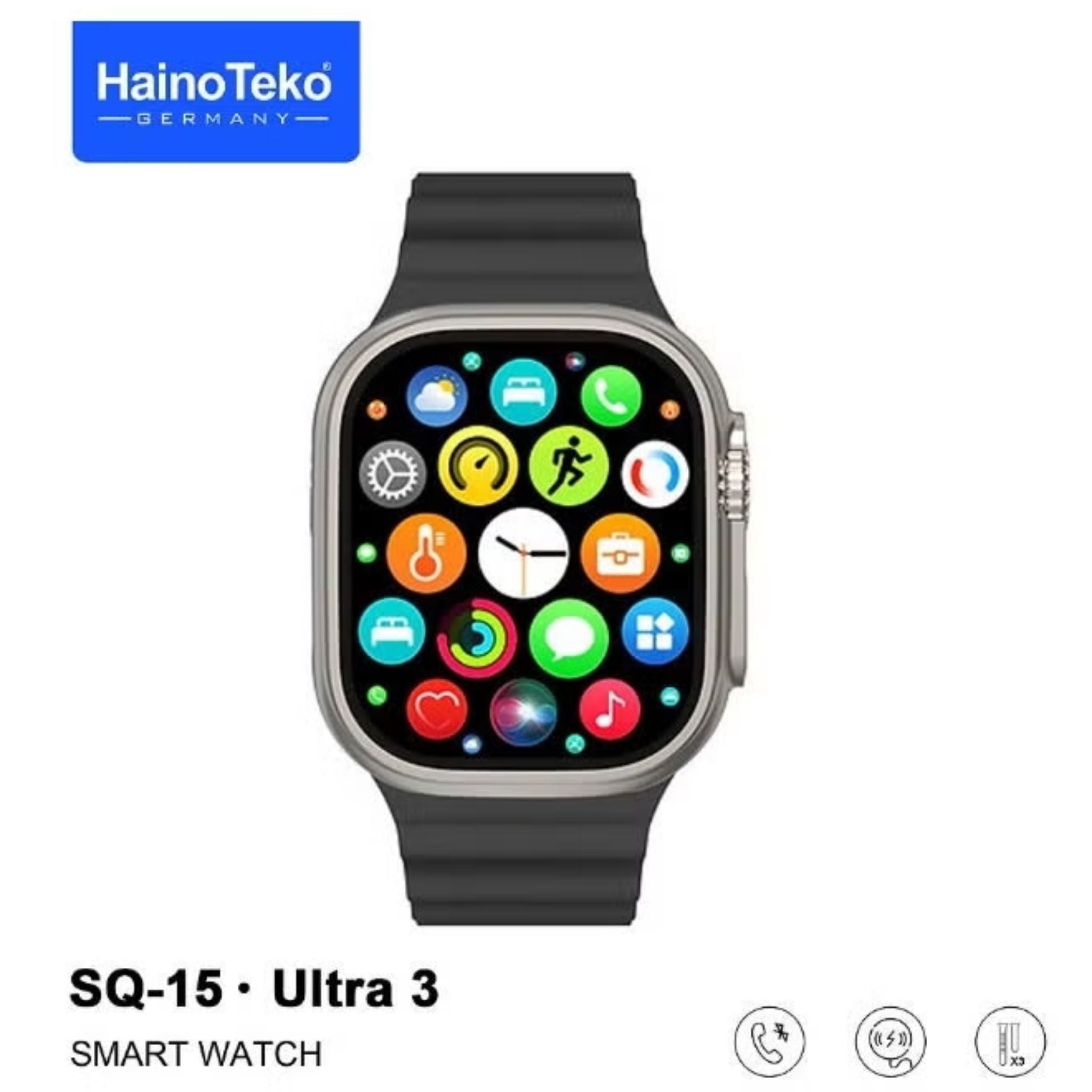 Haino Teko SQ-19 Mini Smart Watch with Bluetooth Call Function, 1.72 Inch AMOLED Touch Screen, 10 Day Battery Backup, Waterproof Fitness Tracker with 3 Replacement Straps for Men & Women - Black