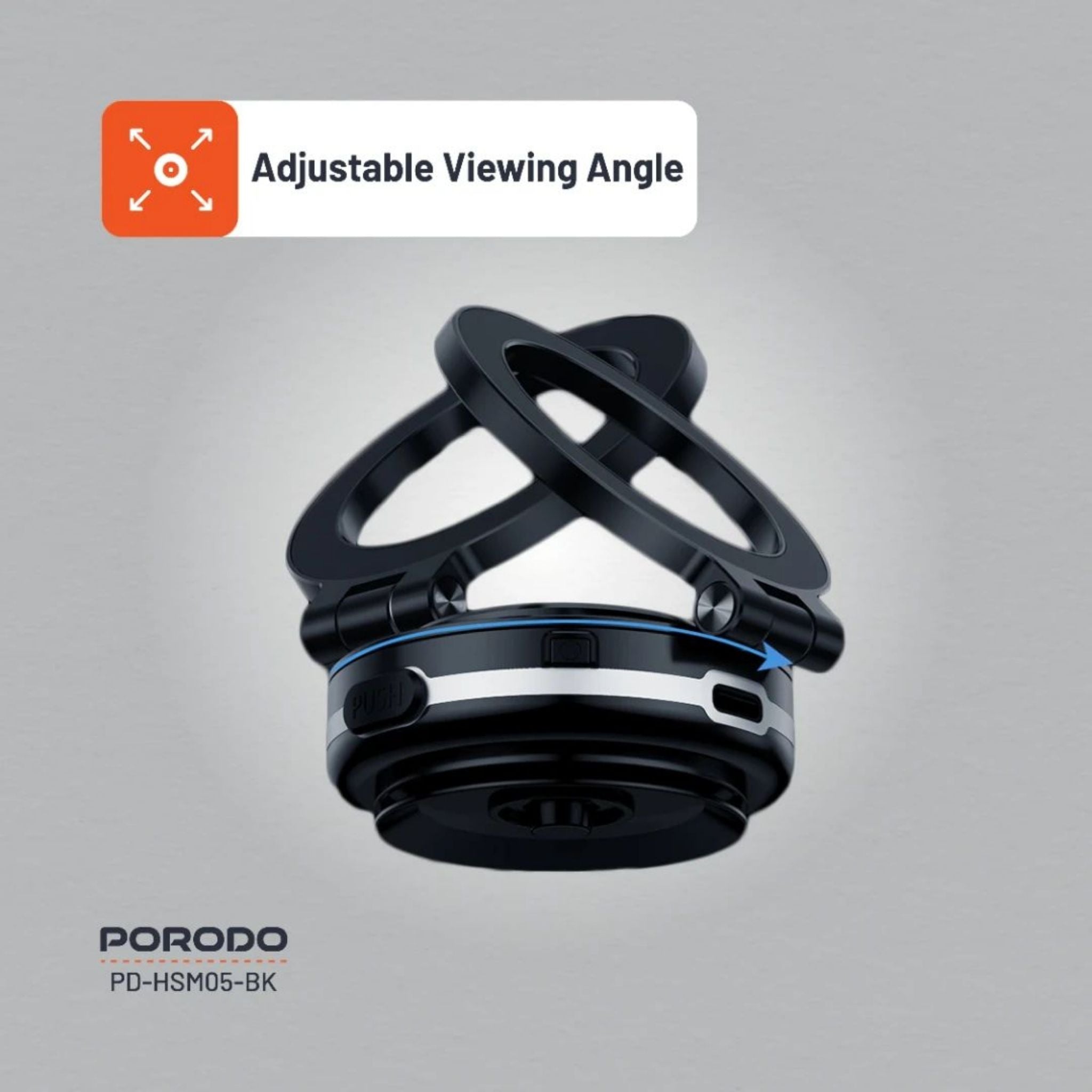 Porodo HS05 Vacuseal MagSafe Magnetic Phone Mount with Strong Suction N52 Magnets Adjustable Viewing Angle One-Hand Operation Type-C Rechargeable 100mAh Battery Supports Up to 3.5kg for 4.7”+ Devices- Black