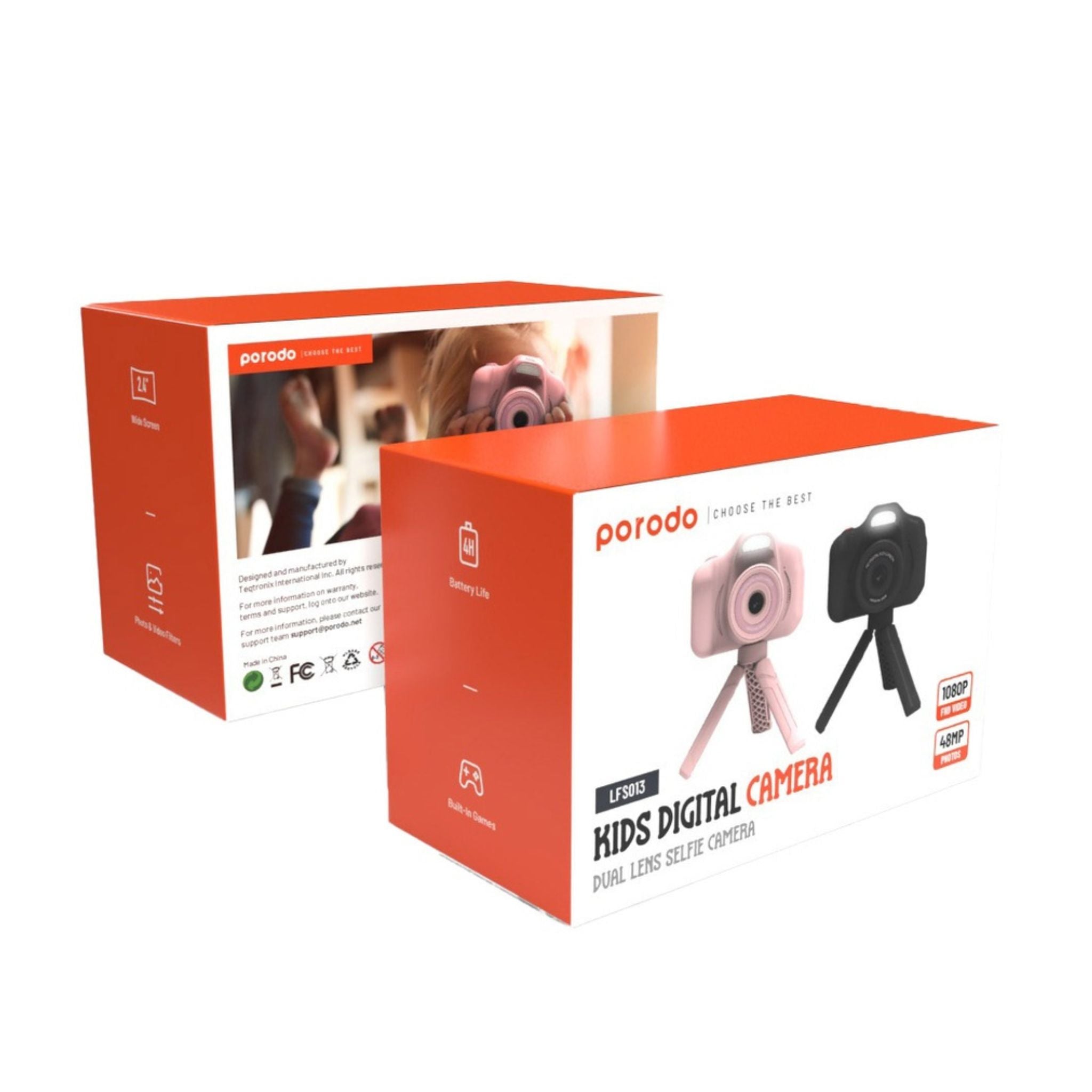 Porodo Lifestyle Kids Focus Camera with Tripod Stand, 320 x 240 Screen Resolution, Up to 5 Hours Working Time, Built-in Games, Photo & Video Filters, Dual Lens Selfie Camera - Black