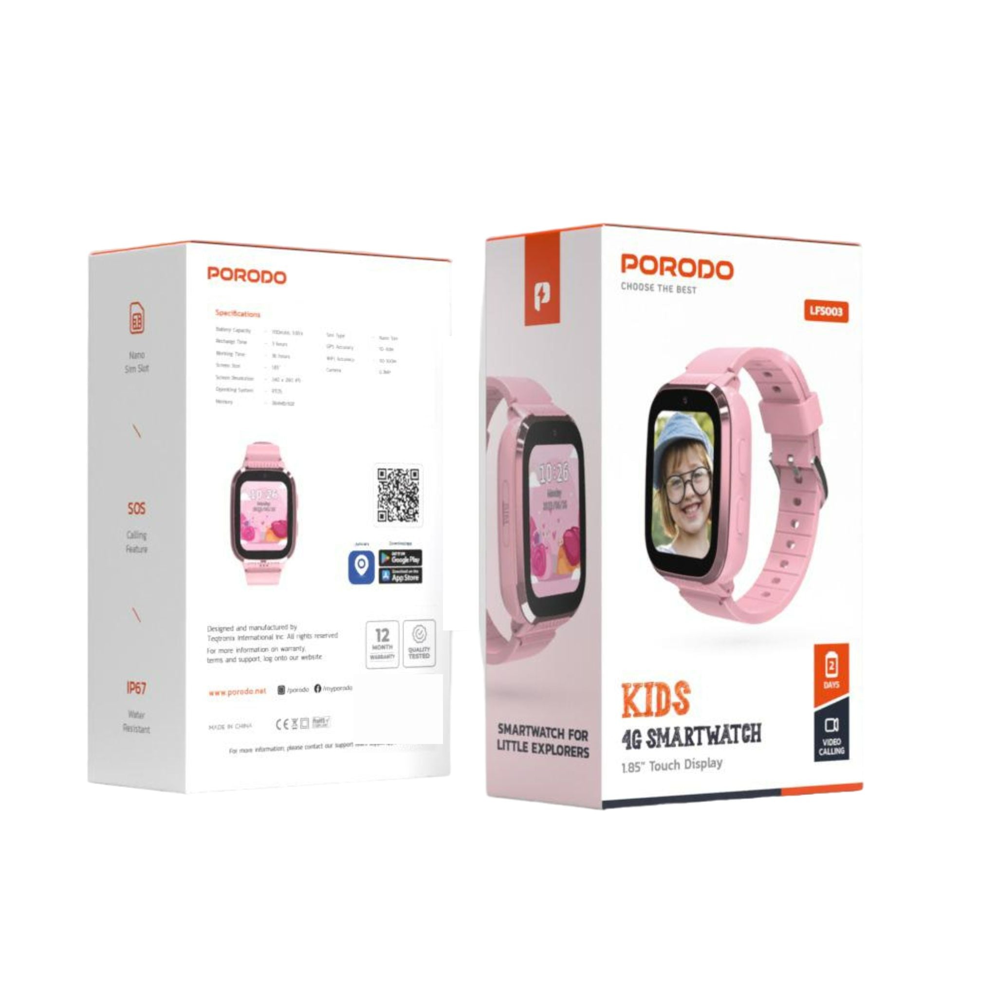Porodo Junicare 4G Kids GPS Smart Watch with 1.85" IPS Touch Display, Nano SIM Support, Real-Time GPS & WiFi Tracking, Video Calling, 0.3MP Camera, 700mAh Battery, 36H Working Time, IP67 Water Resistant, RTOS System – Kids Smartwatch - Pink