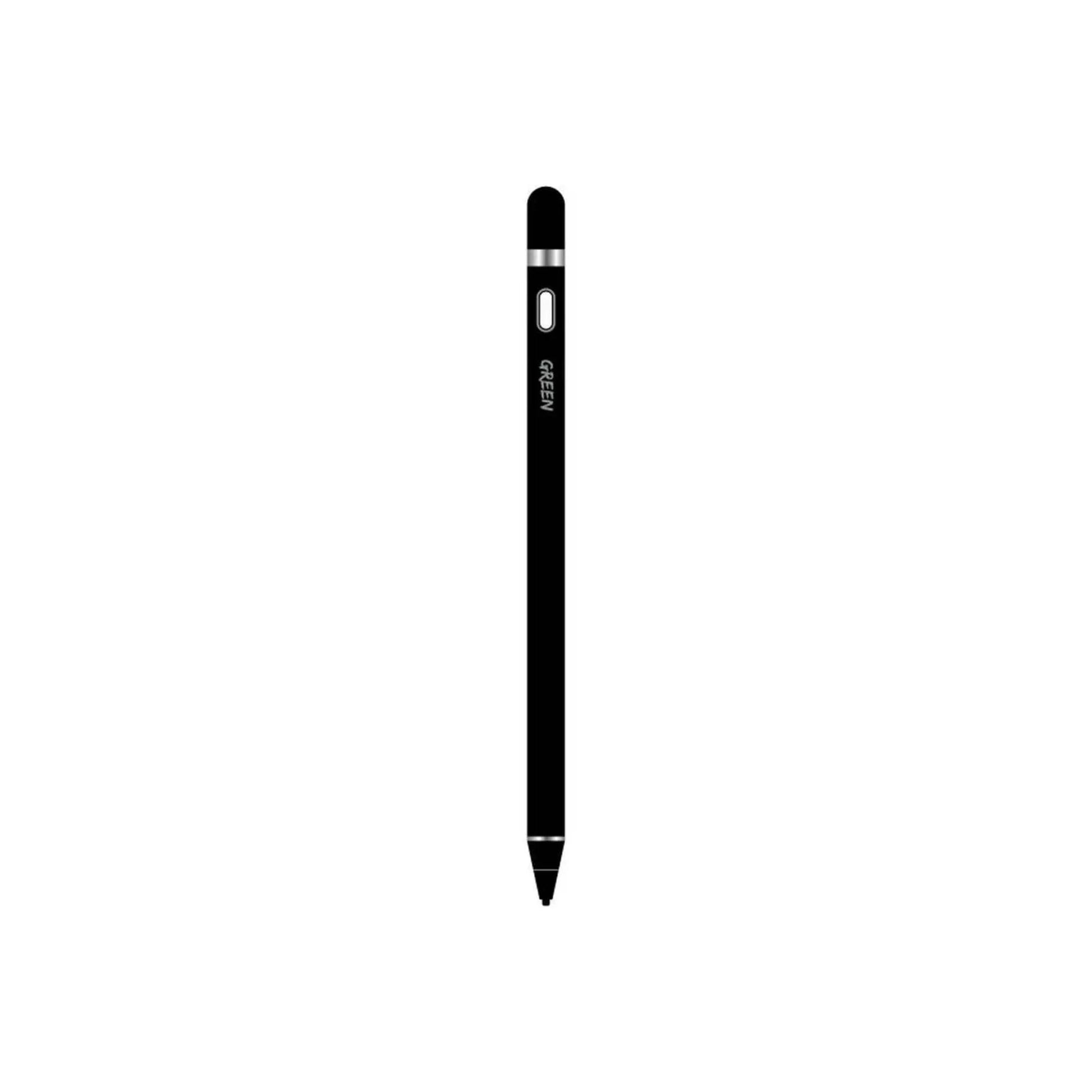 A black Green Lion touch screen stylus pen with a fine tip and a built-in micro USB charging port.