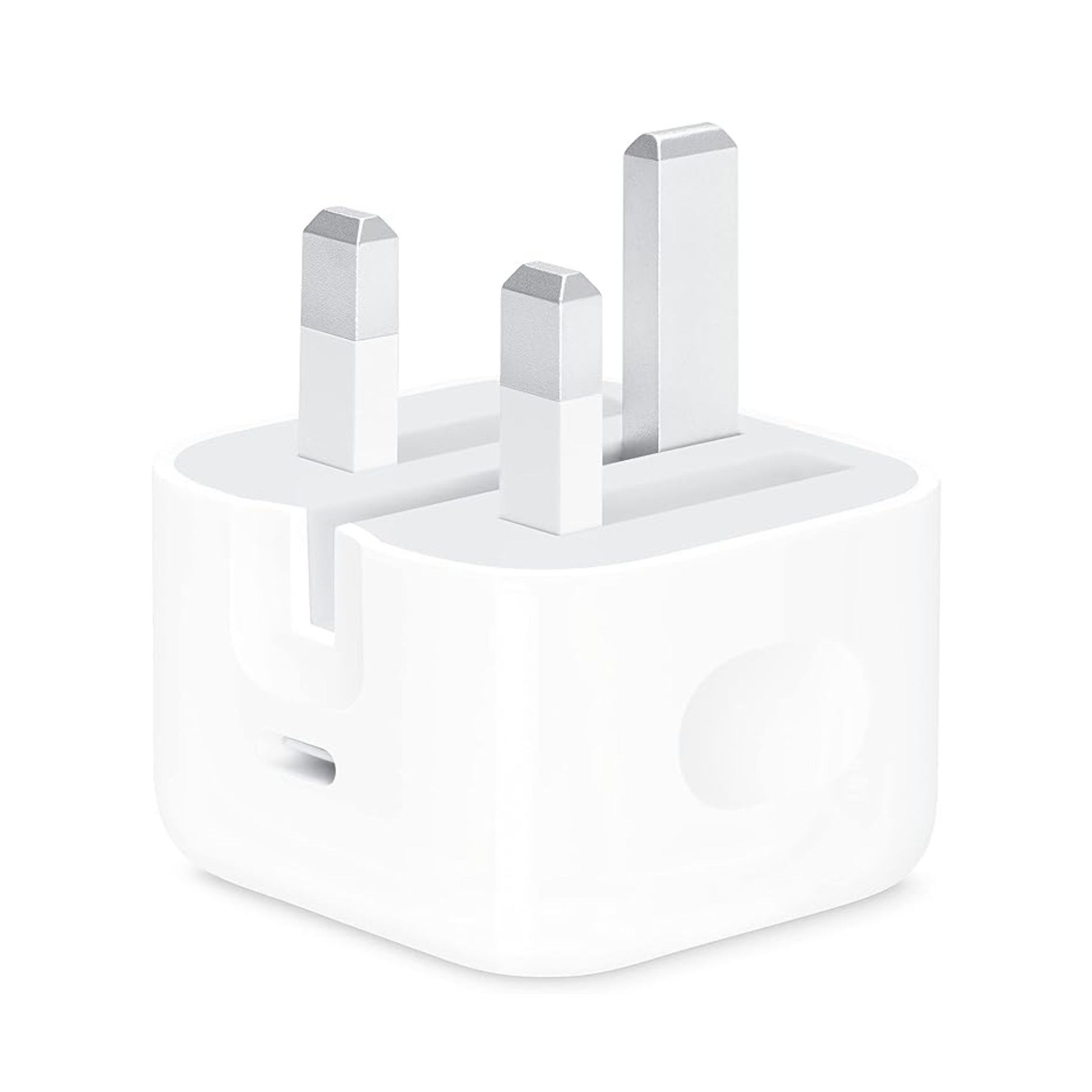 A white Apple 20W USB-C power adapter with a three-prong plug.