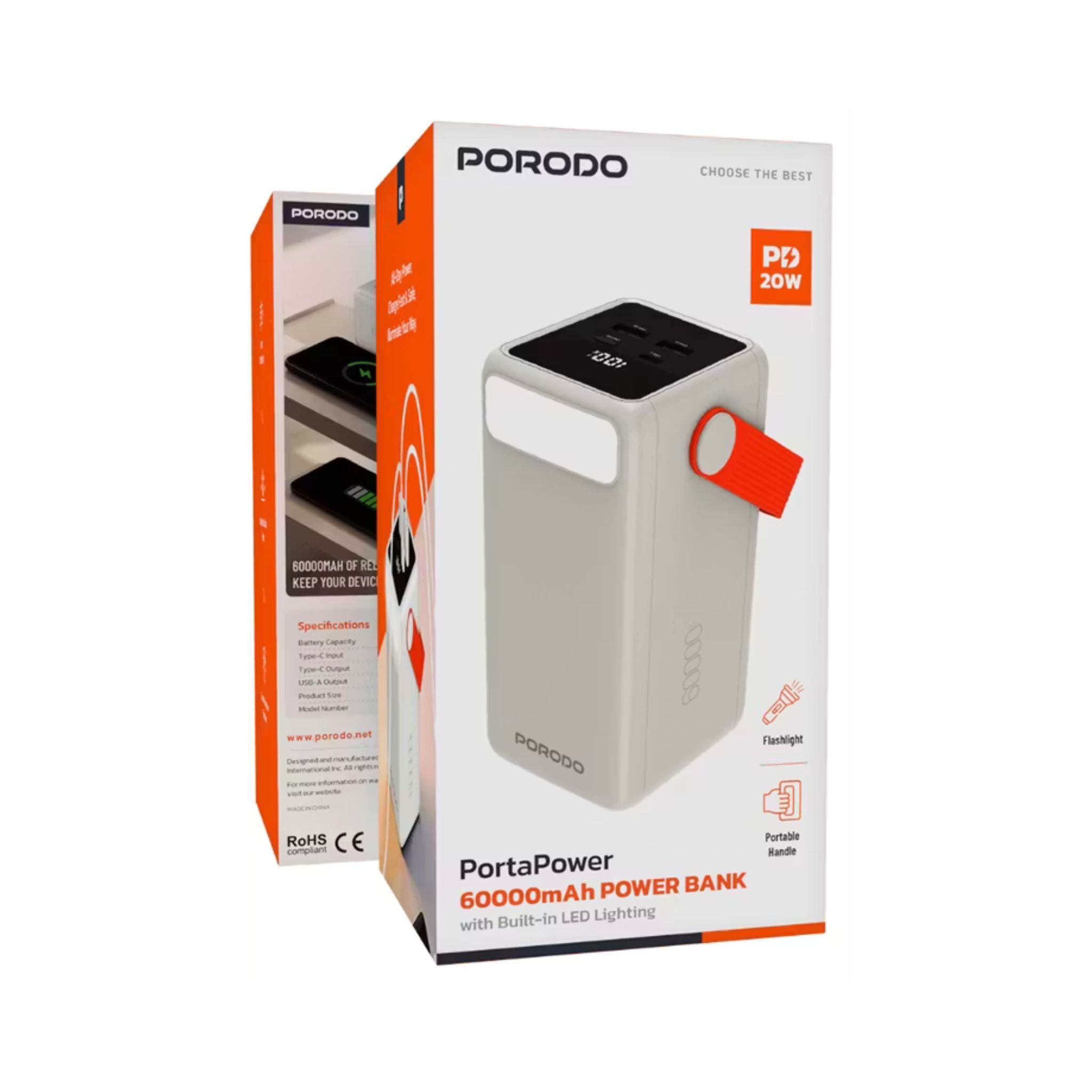 Porodo PortaPower 60000mAh Power Bank with Built-in LED Lighting, PD 20W, 22.5W Max USB-A Output, Flashlight, Portable Handle, Multiple Output Ports, Smart Protection Features, Fast Charging - White