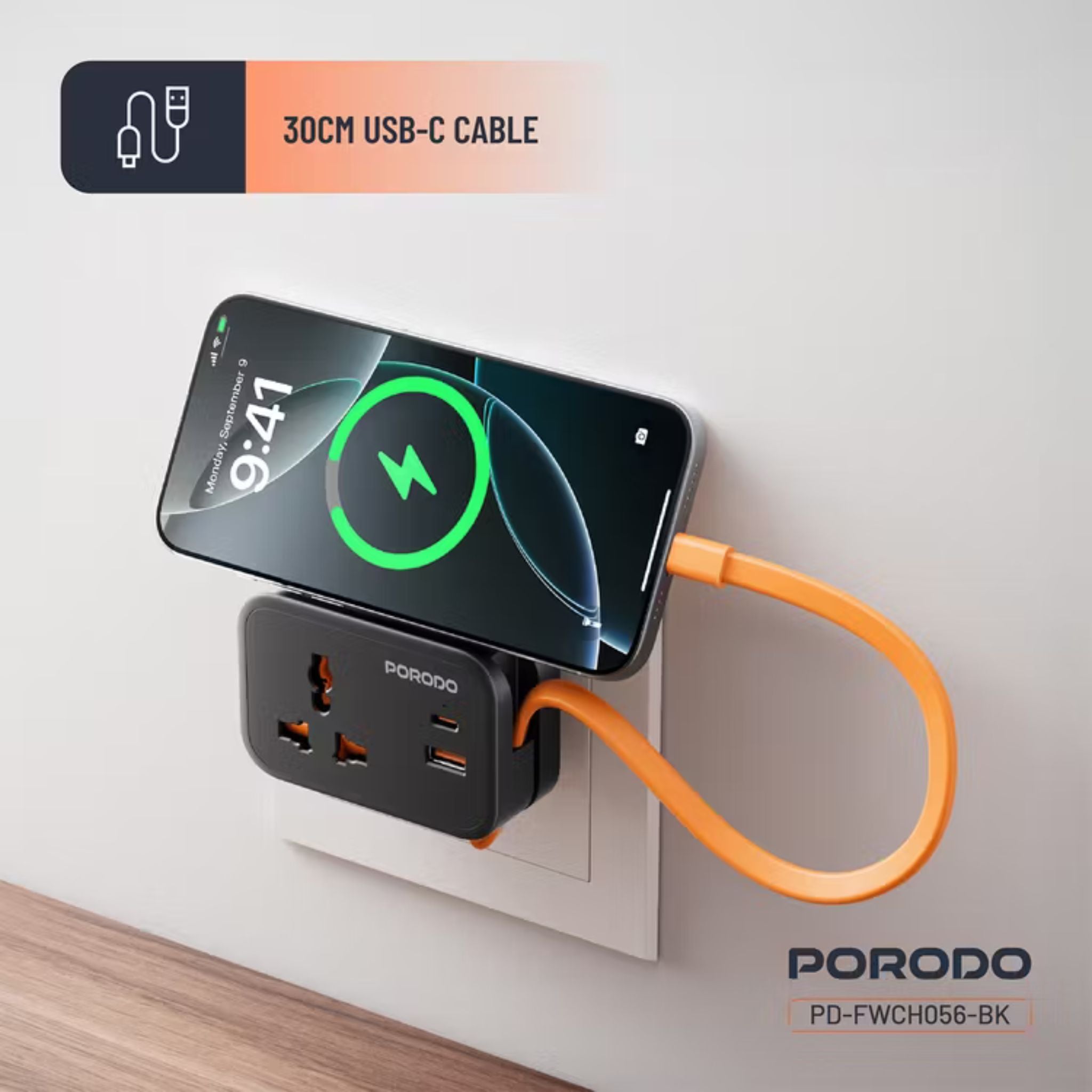 Porodo Universal Wall Socket with 30cm Built-in USB-C Cable, Simultaneous Charging, 20W PD, 18W QC, Fireproof Material, Fuse Protection, UK 3-Pin Plug - Black