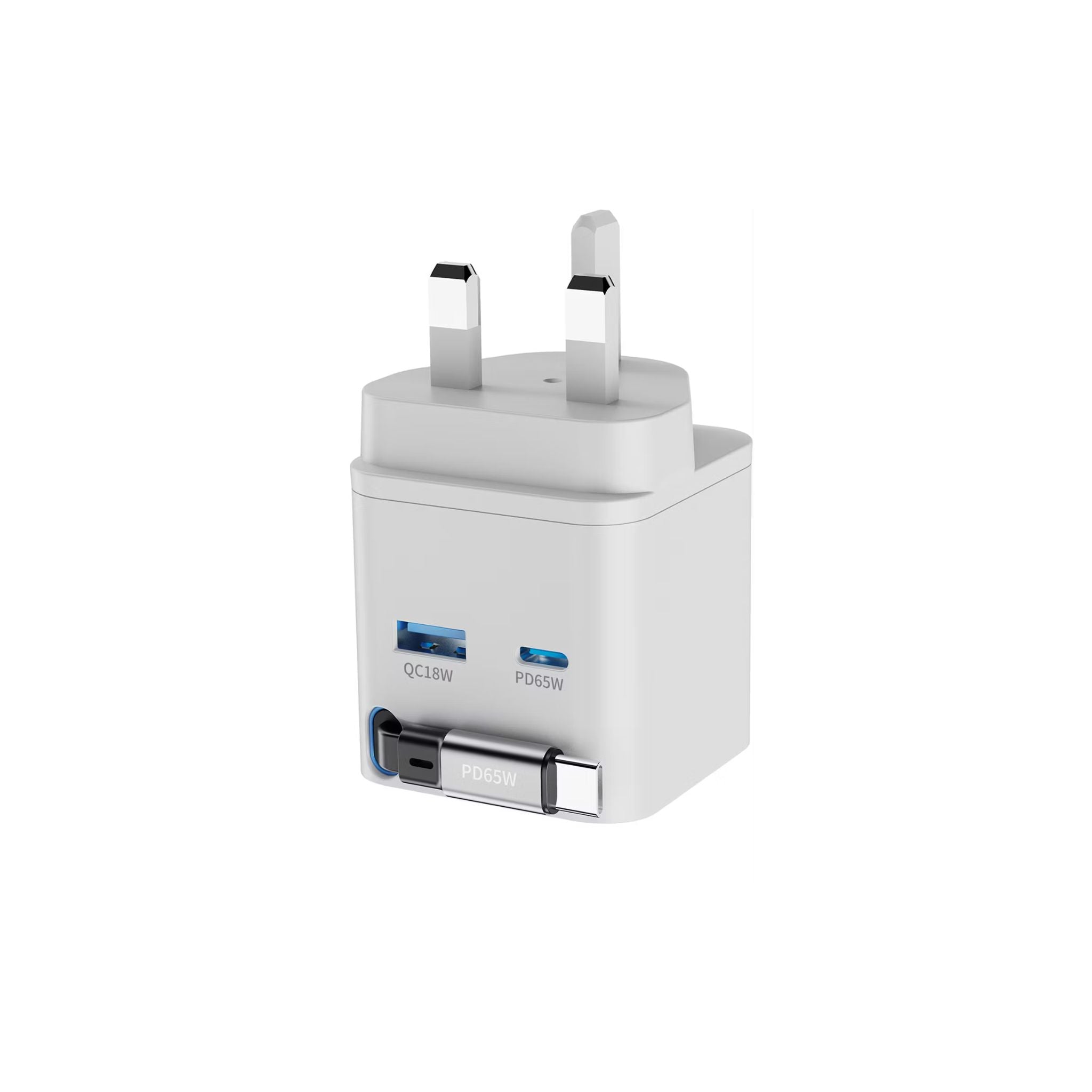 Powerology Dual Port Retractable GaN Charger, Built-in Safeguards, 3-Device Charging, 65W Power Delivery, Fire Proof Material, Patented Design, 75cm Retractable Type-C Cable - White