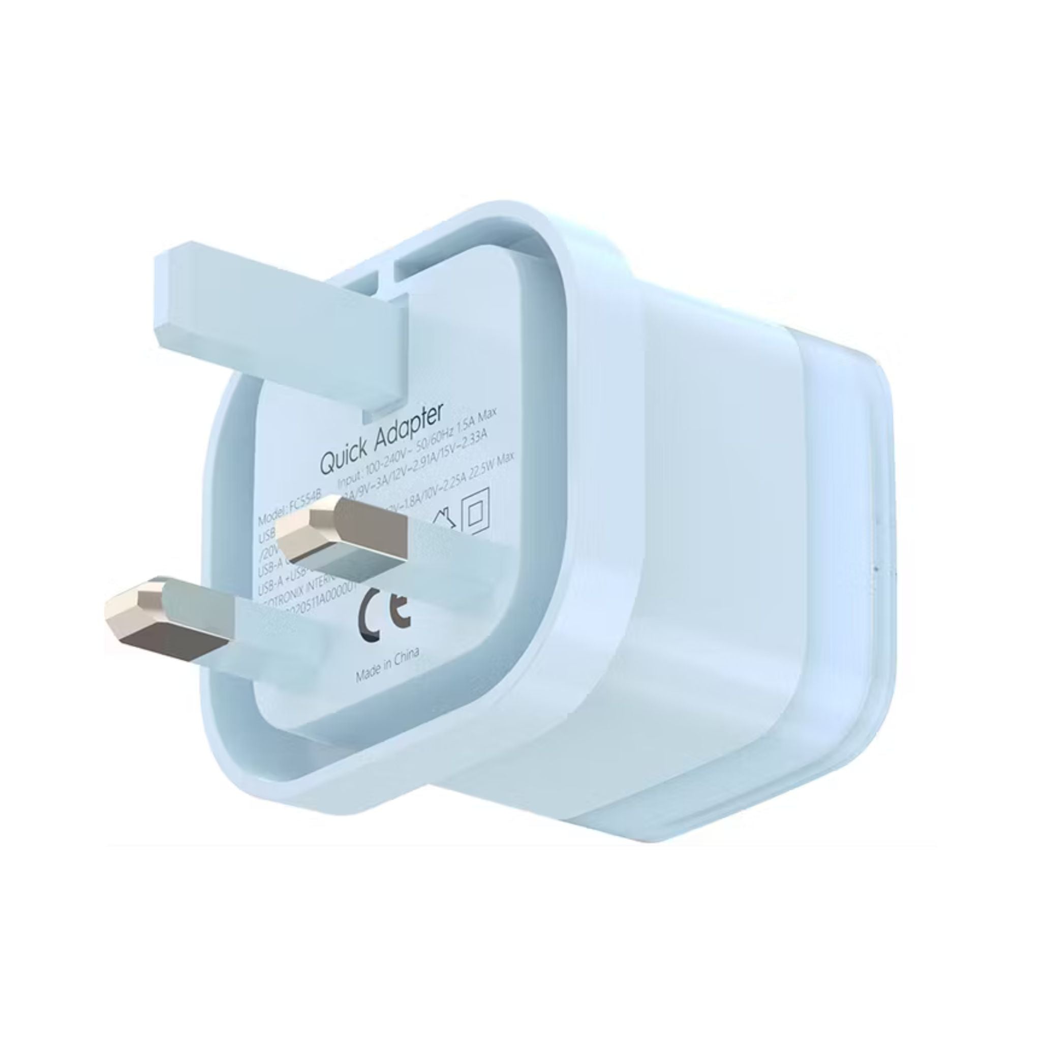 Powerology Lunex Dual-Port Fast Charging Adapter with USB-C & USB-A Ports, 35W Power Delivery, 22.5W USB-A Output, UK 3-Pin Plug, Universal Protocol Support, Multi-Device Charging - Blue