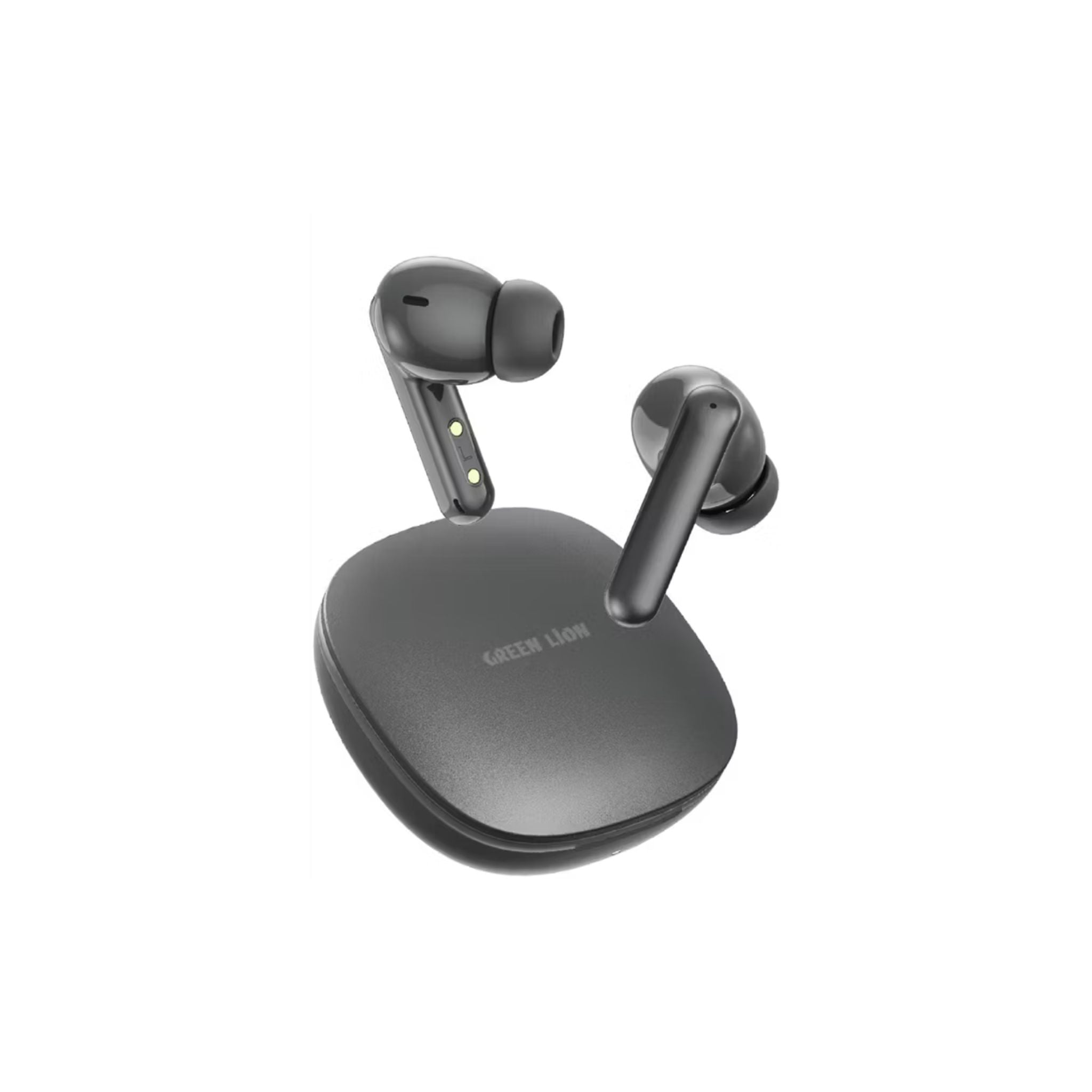 Black wireless earbuds with charging case on a white background