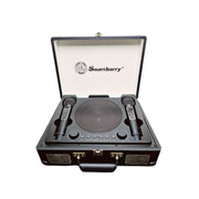 Black audio equipment set with two microphones and a speaker in an open case on a white background, featuring the Smartbarry brand.