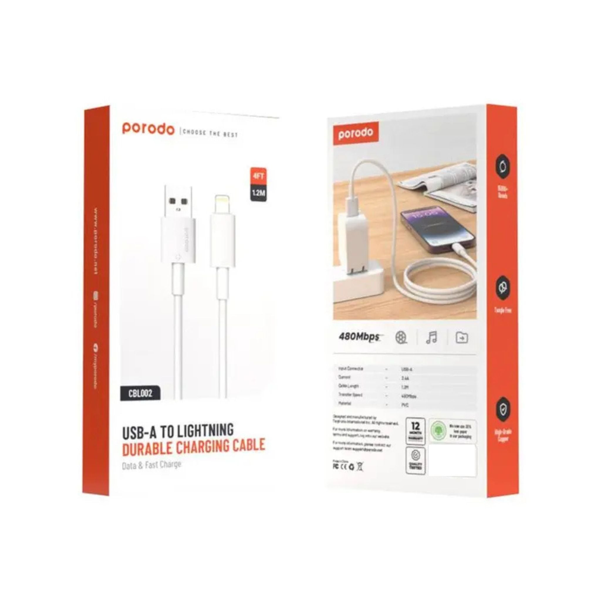 Porodo USB A to Lightning PVC Cable, 480Mbps, 2.4A Current, more than 15000 Bends Life Span, 1.2m Cable length, Tangle Free - White