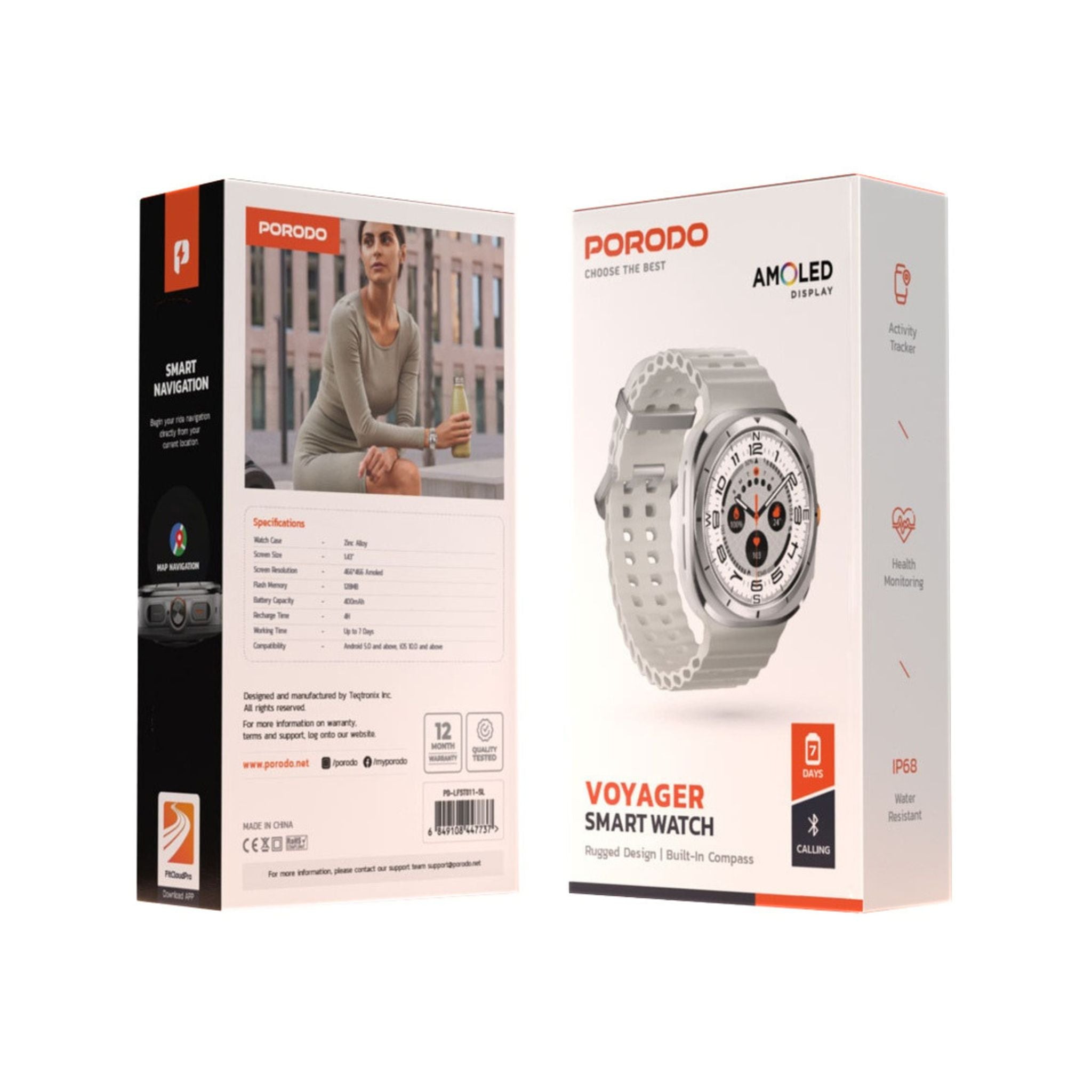 Porodo Voyager Smart Watch 1.43" AMOLED Display 466×466, Bluetooth Calling, Built-In Compass, Rugged Zinc Alloy Design, 400mAh Battery Up to 7 Days, Android & iOS Compatible- Silver