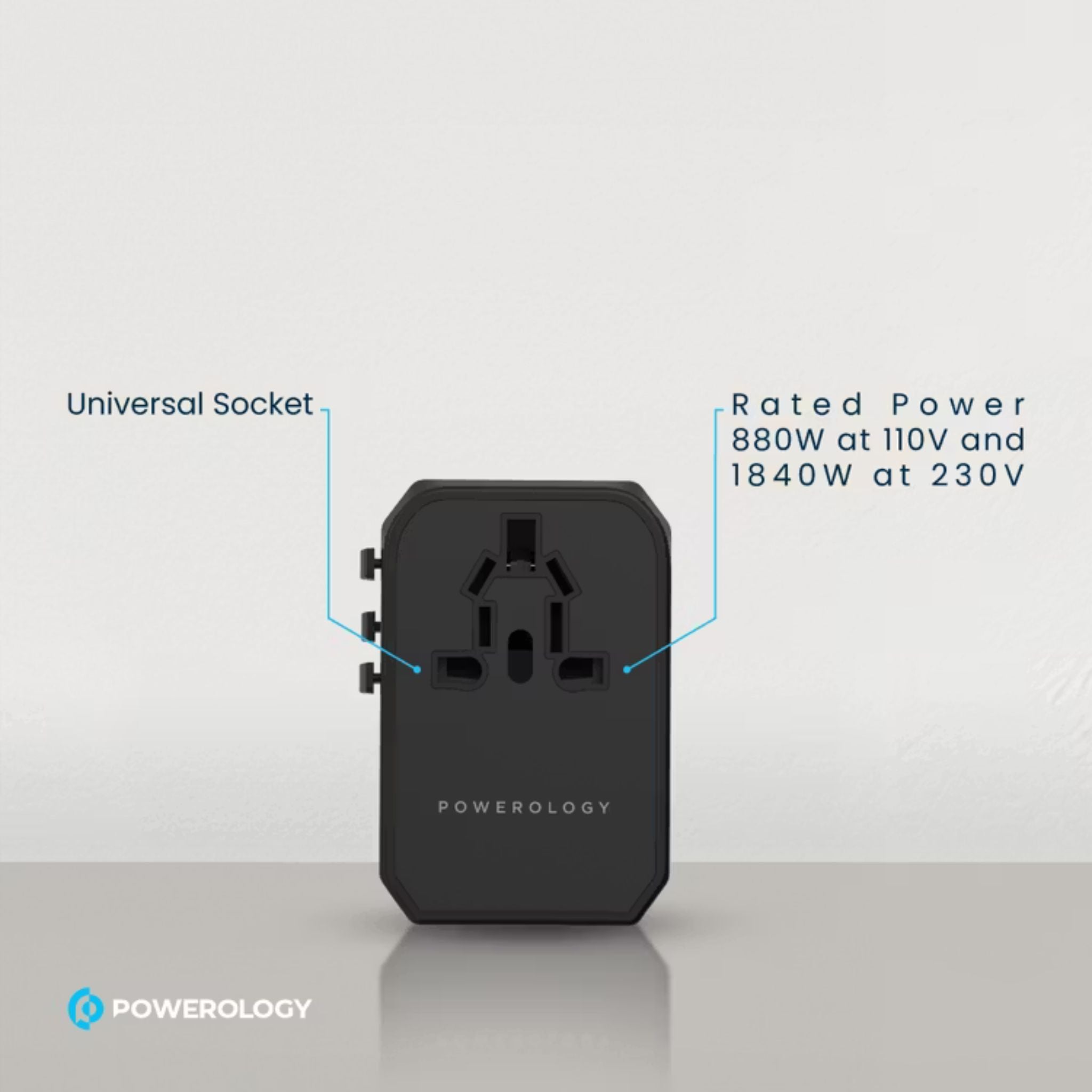 Powerology Universal Multi-Port Travel Charger with 45W Power Delivery, 8A Dual Fuse, Simultaneous Charging, Built-in Safeguards, Fast Charging, Active Protect - Black
