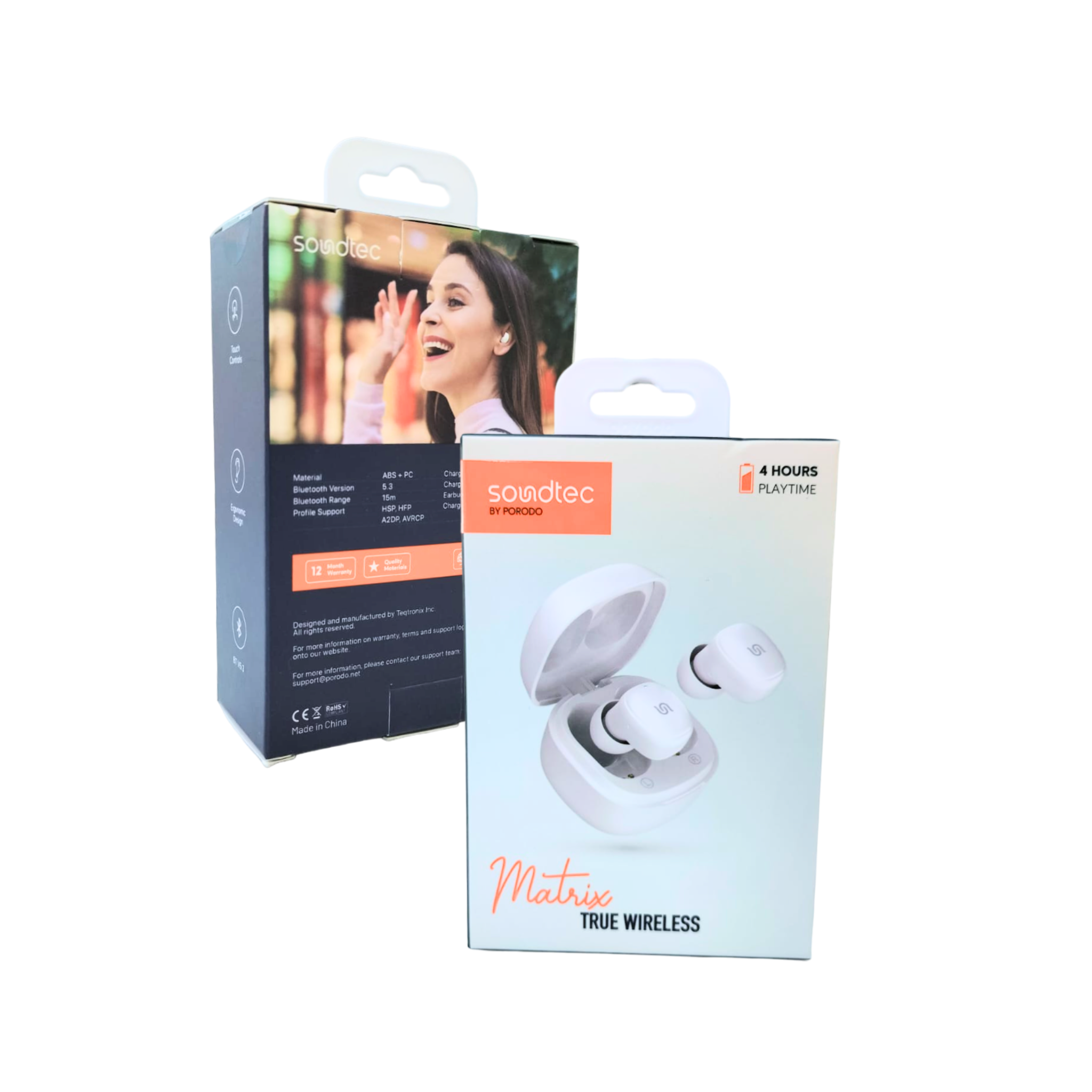 Porodo Matrix True Wireless Earbuds with Deep Bass, Touch Control, Ergonomic Design, HiFi Audio, Bluetooth 5.3, 1.5 Hours Charging Time, Auto Pairing - White