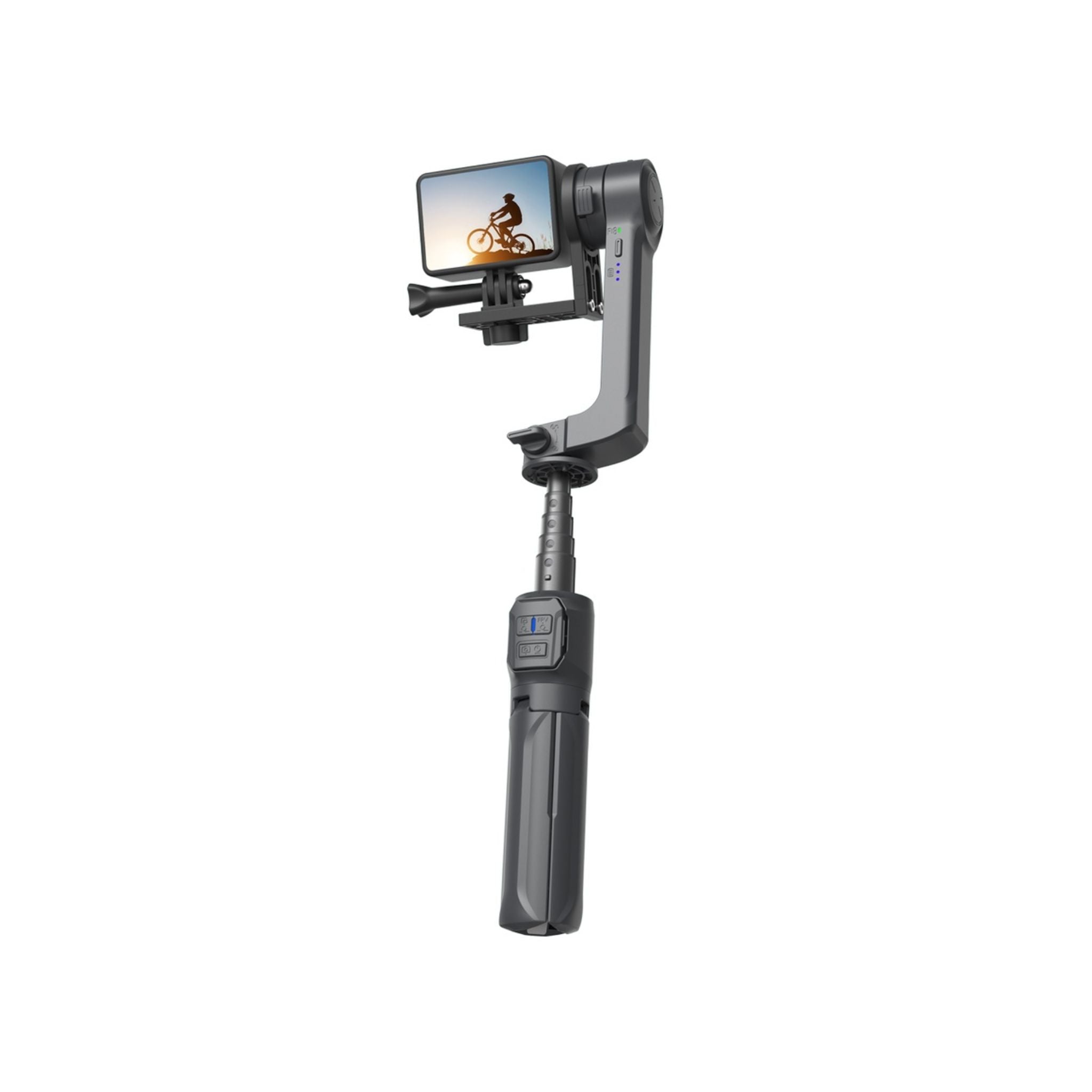 A black Porodo 2-Axis Gimbal Stabilizer with a smartphone attached, featuring a detachable light and anti-shake technology.