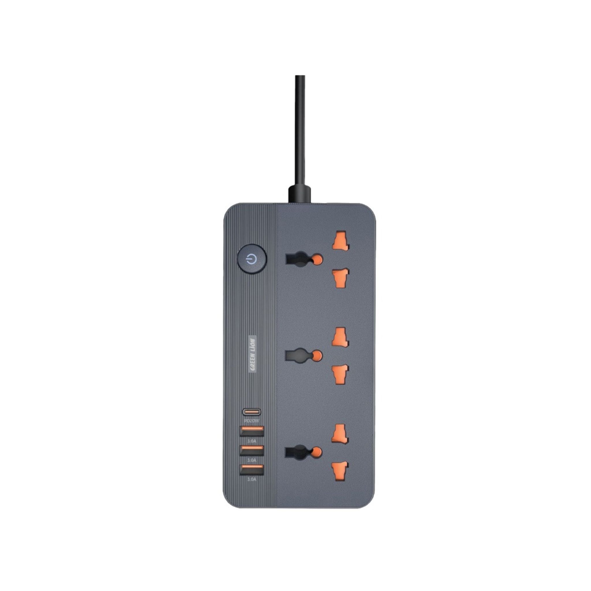 A black power socket with a UK plug, featuring three universal sockets, three USB Type-A ports, and one USB Type-C port. The power socket is on a white background.