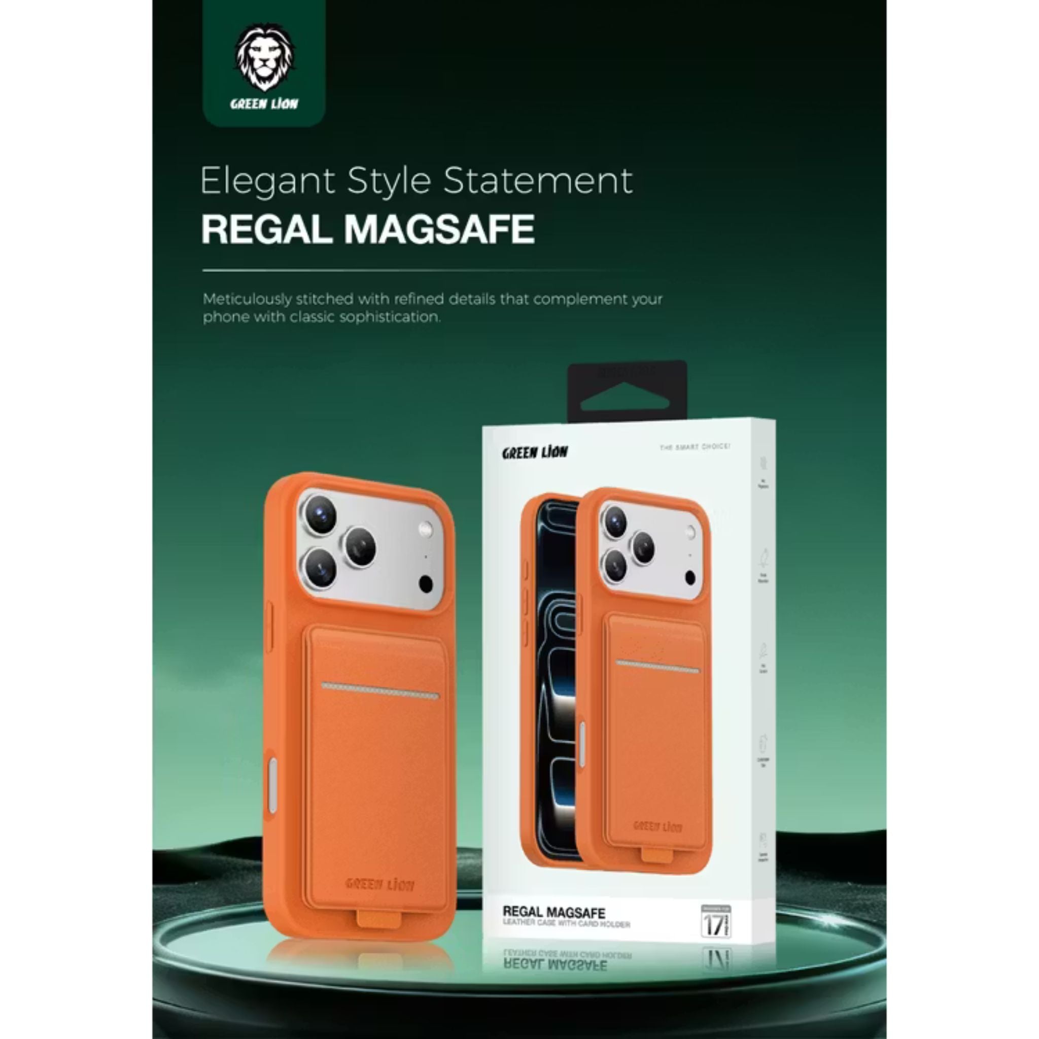 Green Lion Regal MagSafe Leather Case with Card Holder for iPhone 17 Pro, Anti-Fingerprint, Foldable Stand, Camera Protection, Comfortable Grip, Anti-Scratch, Shock Absorption - Orange