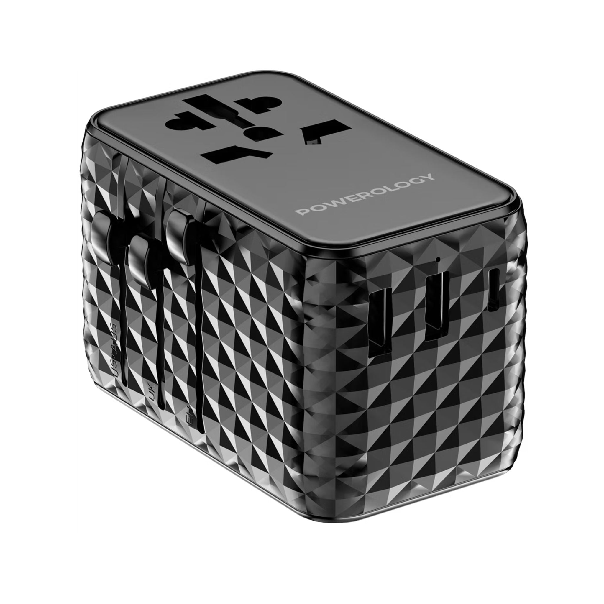 Powerology GaN 20W PD Universal Adapter with Retractable Type-C Cable, Simultaneous Charging, Includes Spare Fuse, Built-In Safeguard - Black