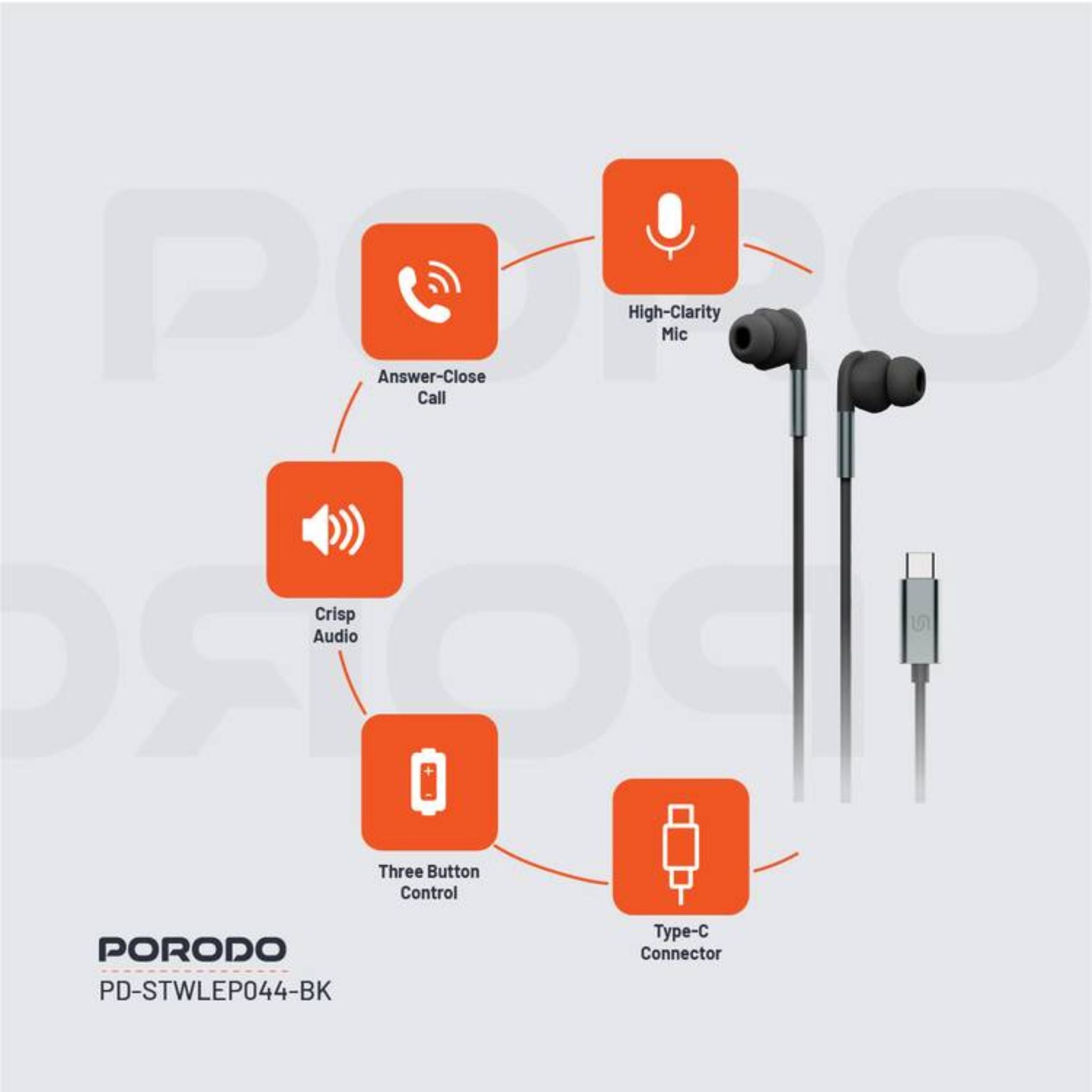Porodo Soundtec Stereo Earphones, TPE + Metal + ABS Material, Type-C Connection, 1.2m Cable Length, High-Clarity Mic, Crisp Audio - Black