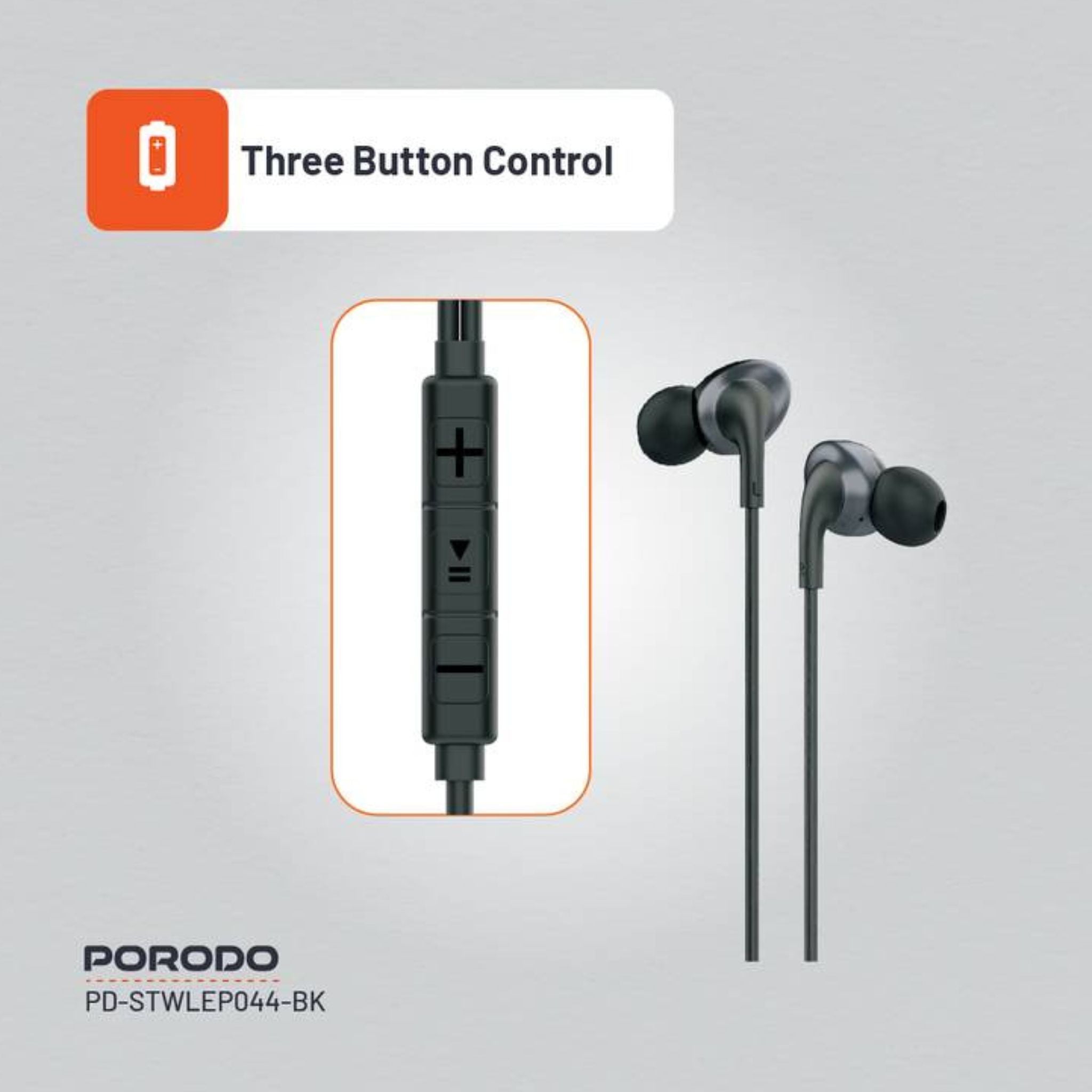 Porodo Soundtec Stereo Earphones, TPE + Metal + ABS Material, Type-C Connection, 1.2m Cable Length, High-Clarity Mic, Crisp Audio - Black