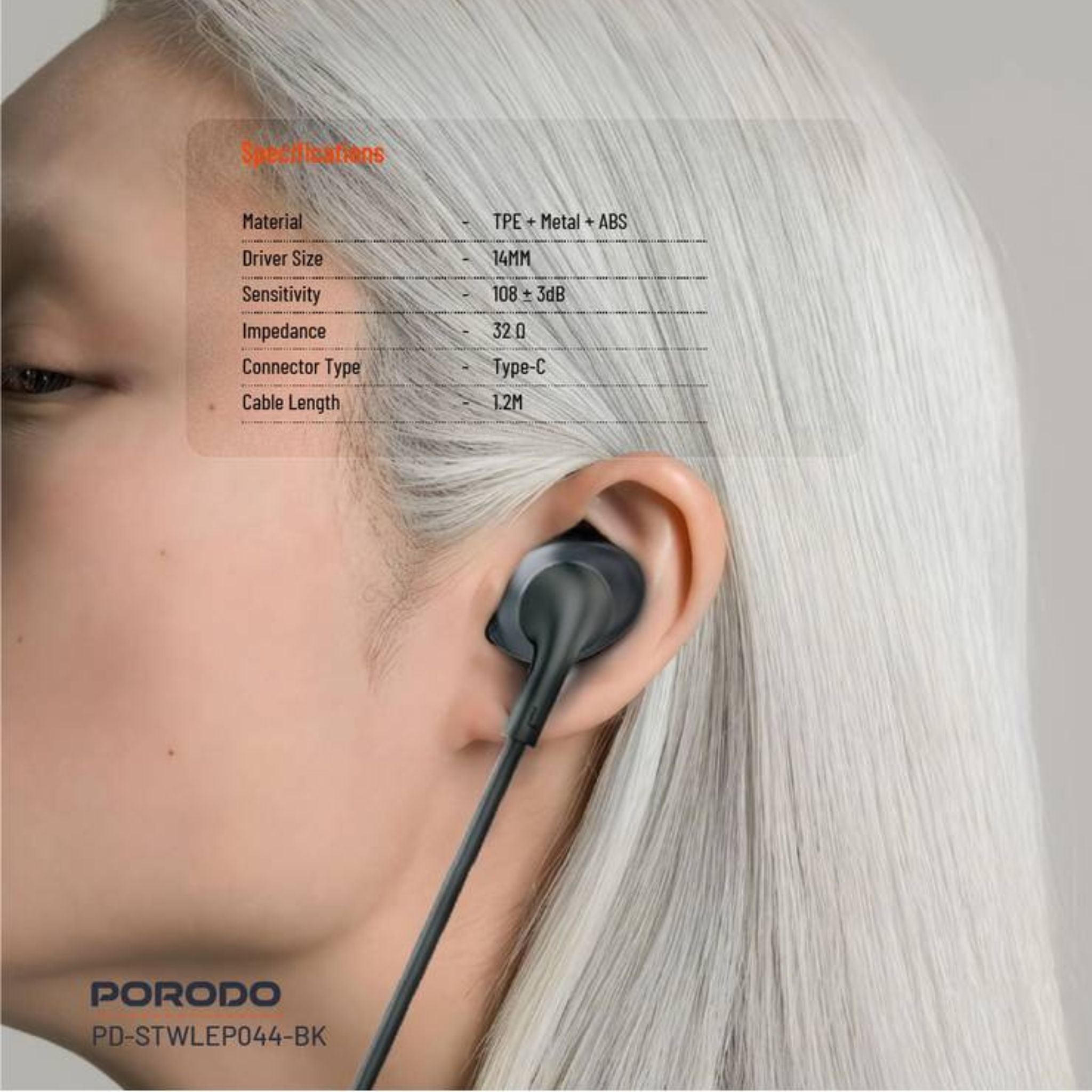 Porodo Soundtec Stereo Earphones, TPE + Metal + ABS Material, Type-C Connection, 1.2m Cable Length, High-Clarity Mic, Crisp Audio - Black