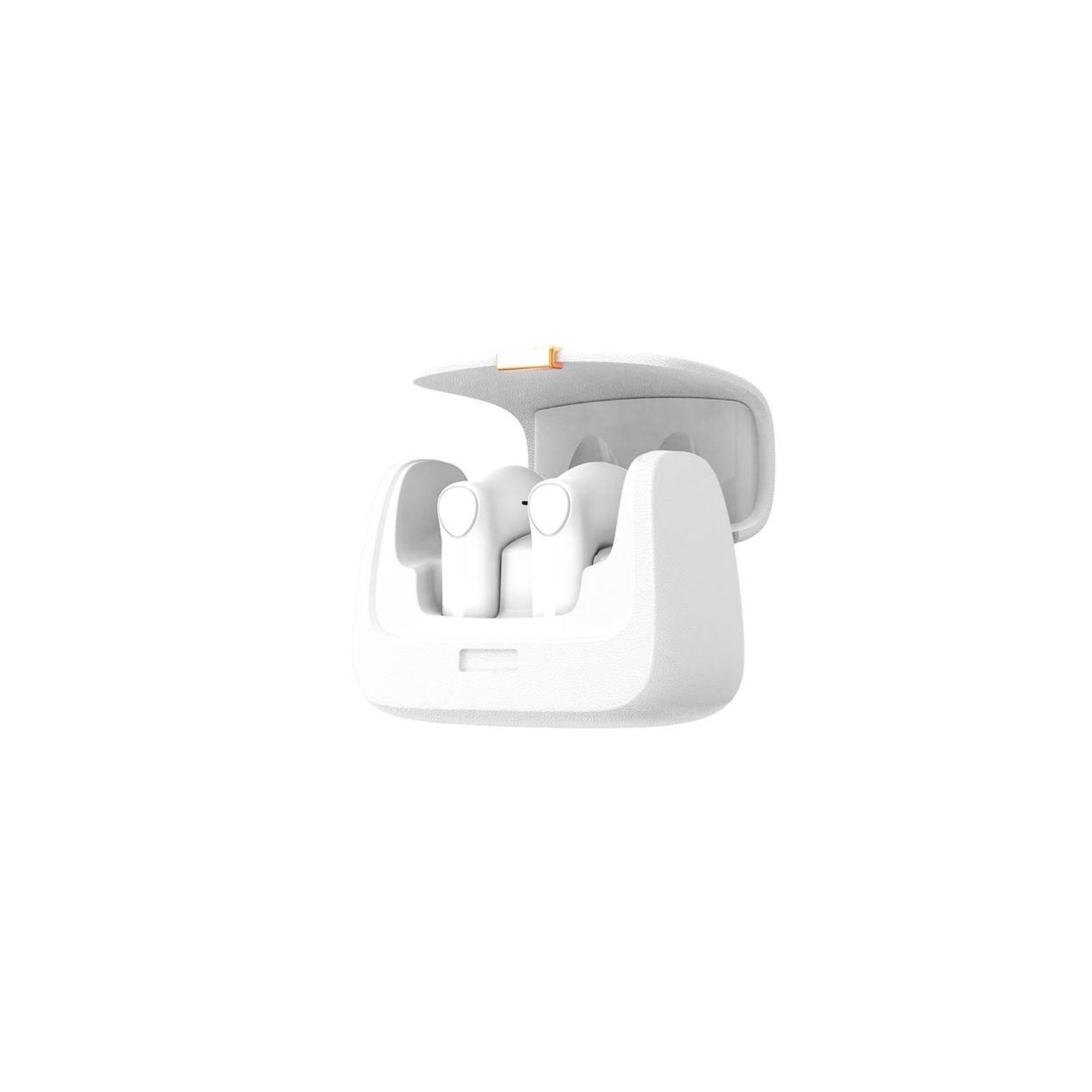 A white true wireless earbuds case with earbuds inside, featuring a charging indicator and touch control buttons.
