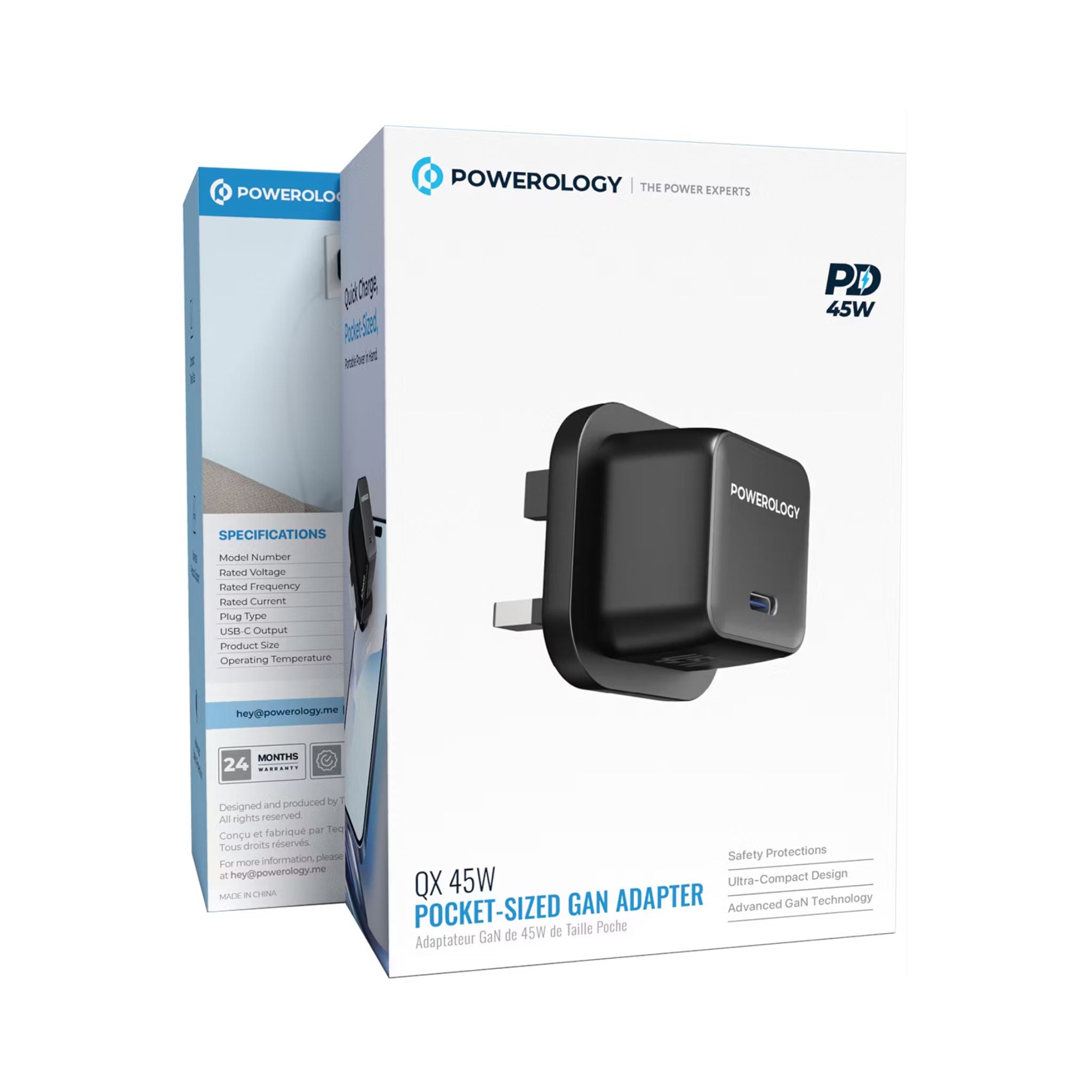 Powerology QX 45W Pocket-Sized GaN Adapter with Safety Protections, USB-C Port, Ultra-Compact Design, UK 3-Pin Plug, PD 45W - Black / Gray