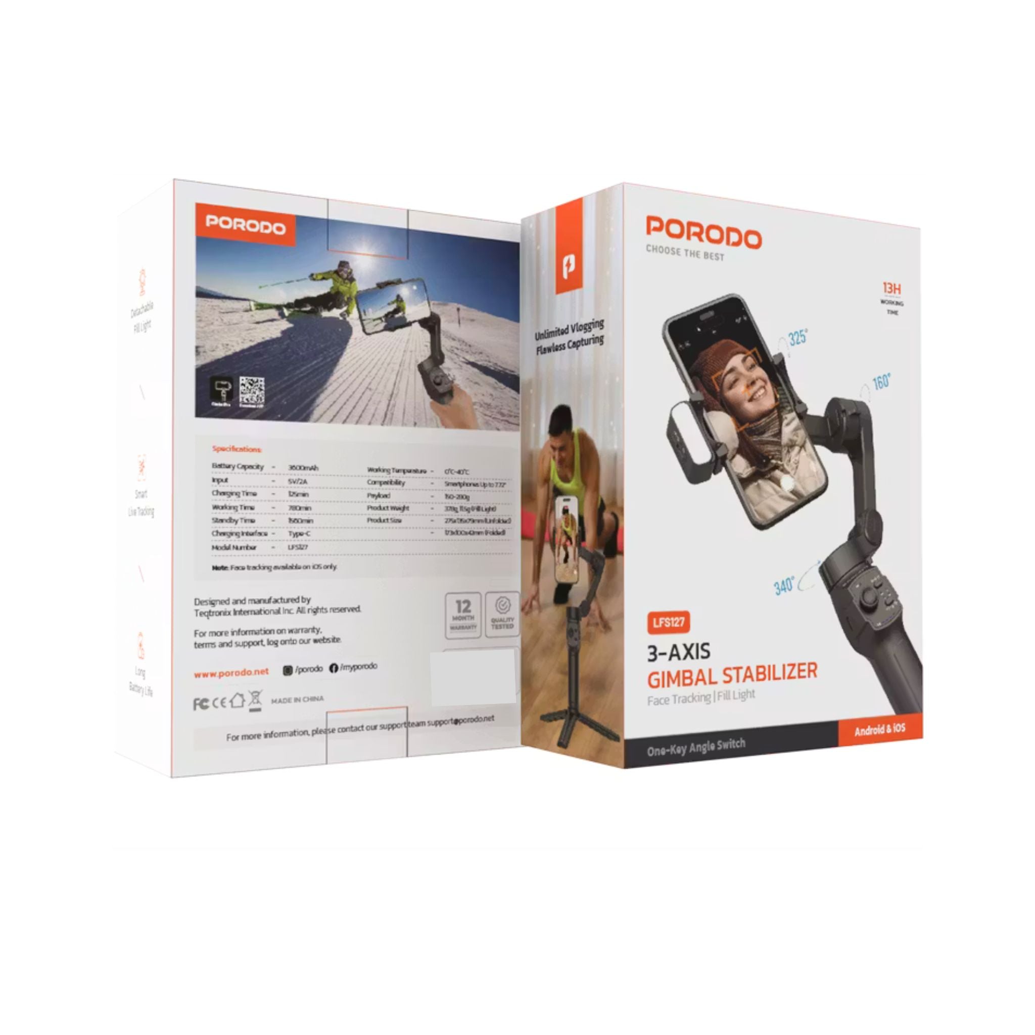 Porodo 3-Axis Gimbal with Stabilizer Magnetic Fill Light, Smart Live Tracking, Long Battery Life, One-Key Angle Switch, 780 Minutes Working Time - Black