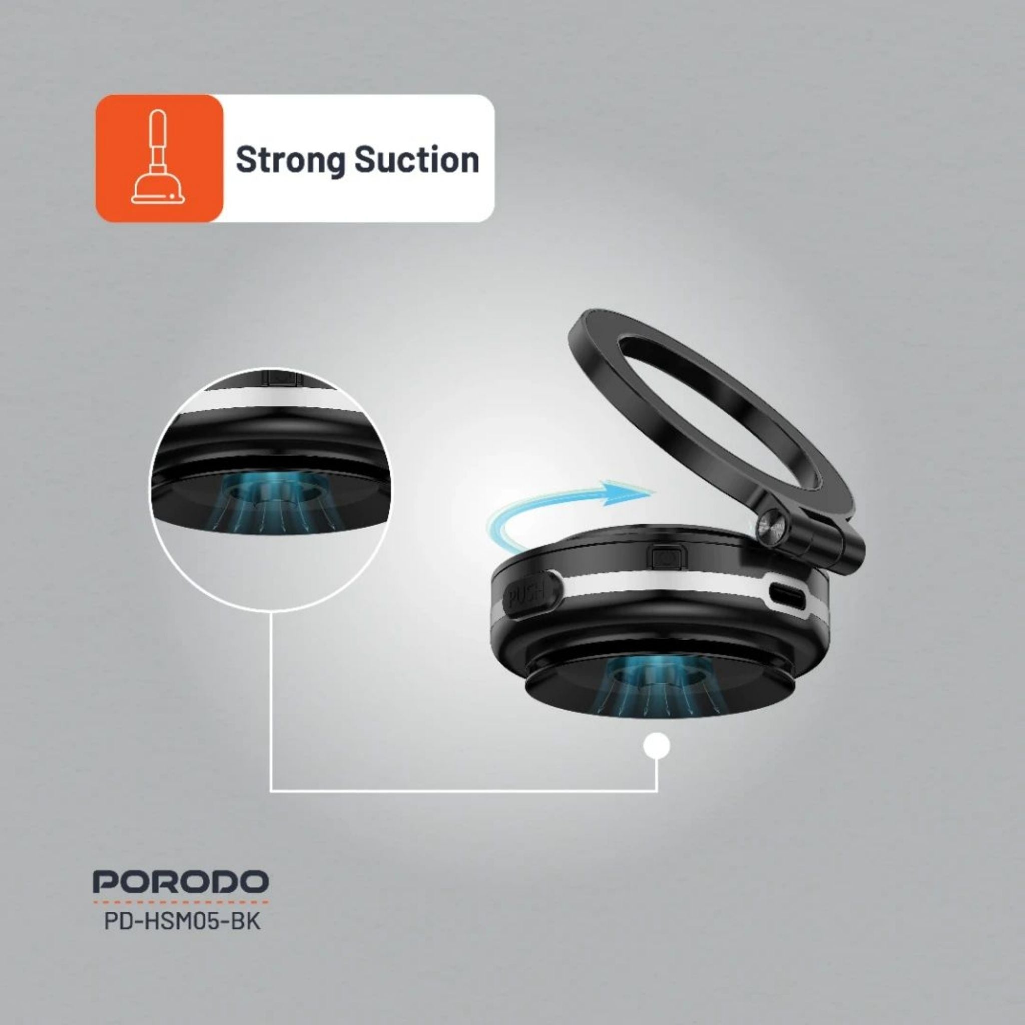 Porodo HS05 Vacuseal MagSafe Magnetic Phone Mount with Strong Suction N52 Magnets Adjustable Viewing Angle One-Hand Operation Type-C Rechargeable 100mAh Battery Supports Up to 3.5kg for 4.7”+ Devices- Black