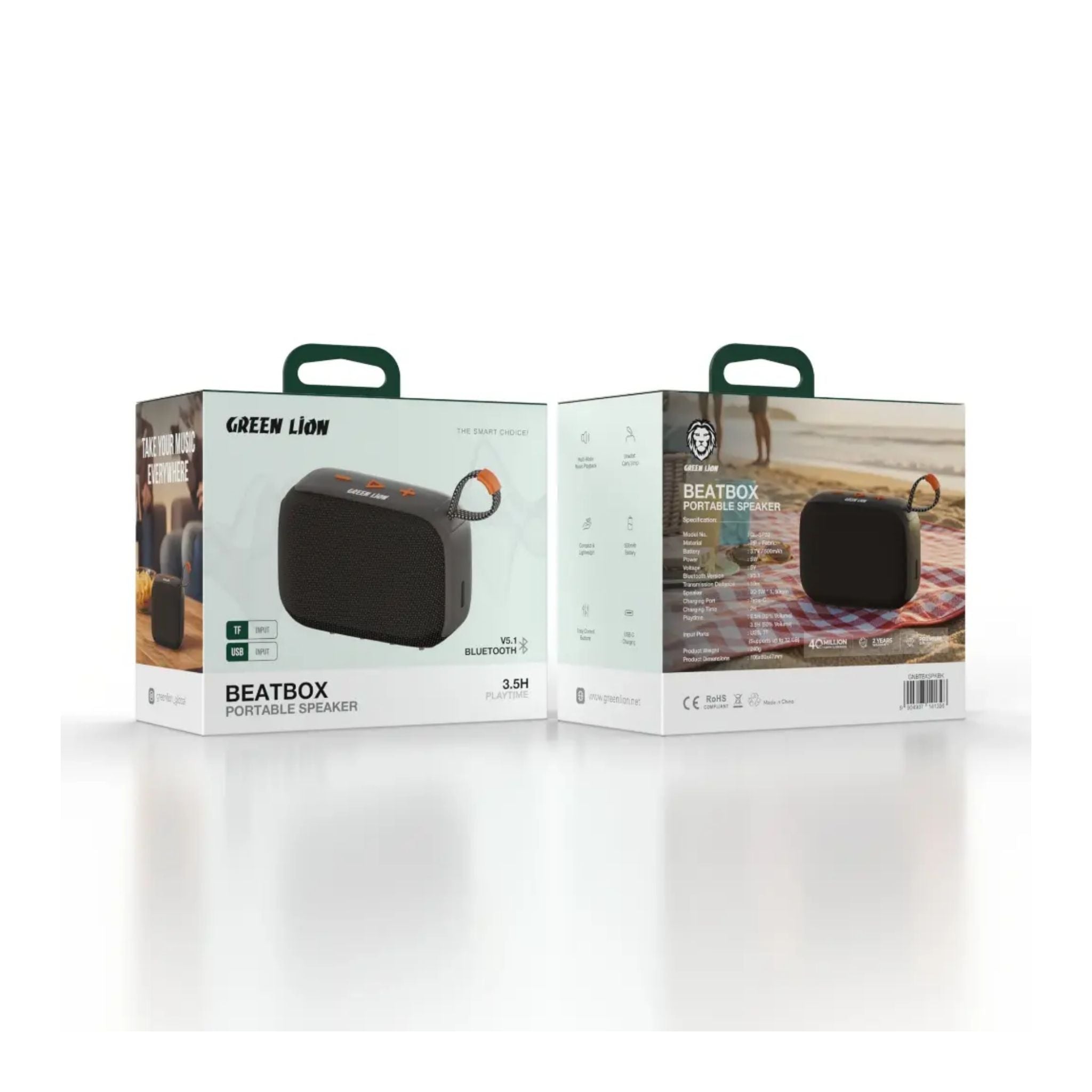 Green Lion BeatBox Portable Bluetooth Speaker 5W with Bluetooth 5.1, USB/TF Card Playback, USB-C Charging, Braided Carry Strap & Up to 3.5 Hours Playtime – Compact Travel Speaker - Black
