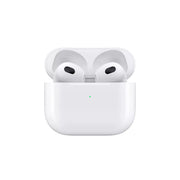 A single white wireless earbud with a charging case, featuring a sleek design with a visible LED indicator.