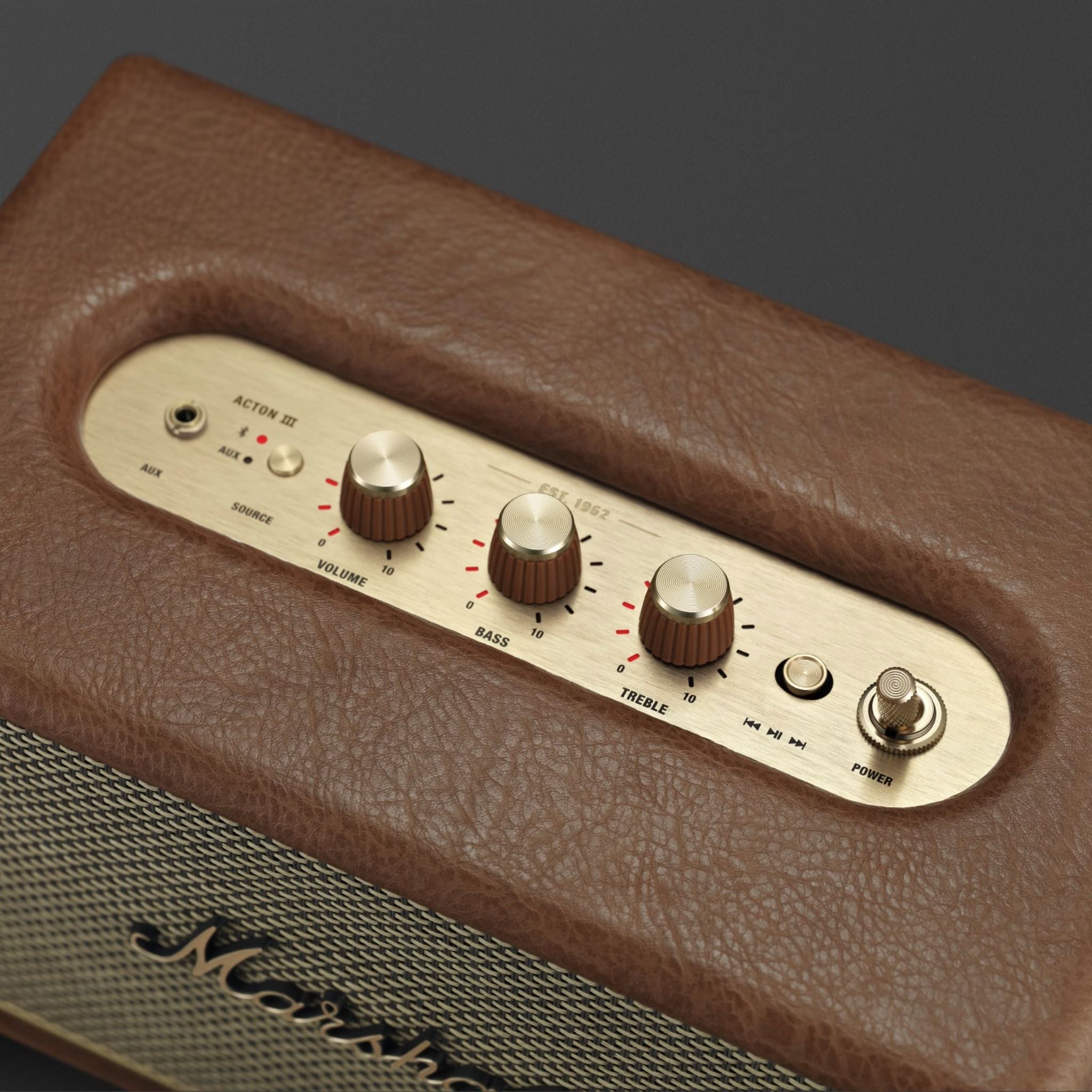 Marshall Acton III Wireless Bluetooth Stereo Speaker with Bluetooth Version 5.2, 2 Hours Charging Time, 32 Hours Play Time, Fast Charging, Water Resistant, USB-C Charging Port - Brown