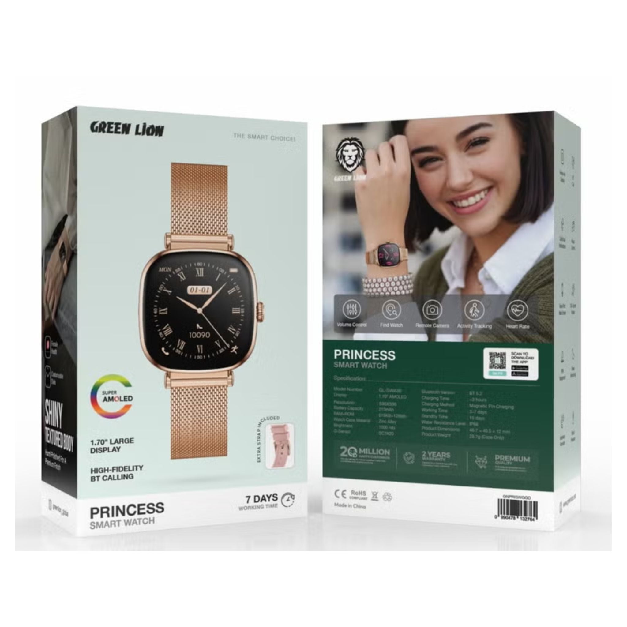 Green Lion Princess Smart Watch, 1.70" AMOLED Display, 336x336 Resolution, 1000 Nits Brightness, Blood Pressure & Sleep Monitoring, IP68 Water Resistance, Bluetooth 5.2, Glossy Gold