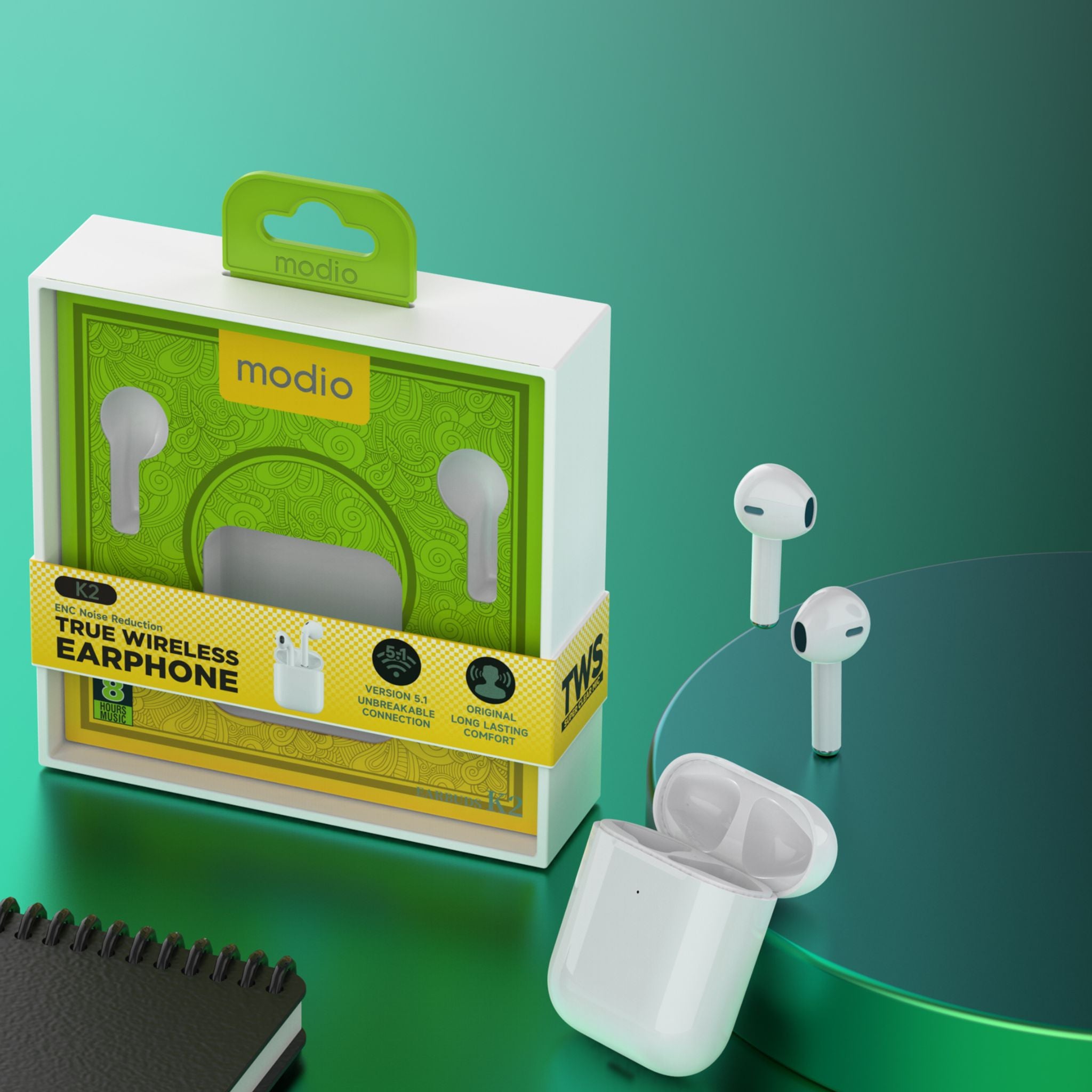 Modio K2 True Wireless Earbuds – White, In-Ear, Bluetooth 5.1, Noise & Echo Cancellation, Deep Bass, Enhanced Audio Quality, Comfortable Secure Fit, Wireless Headphones for Music & Call